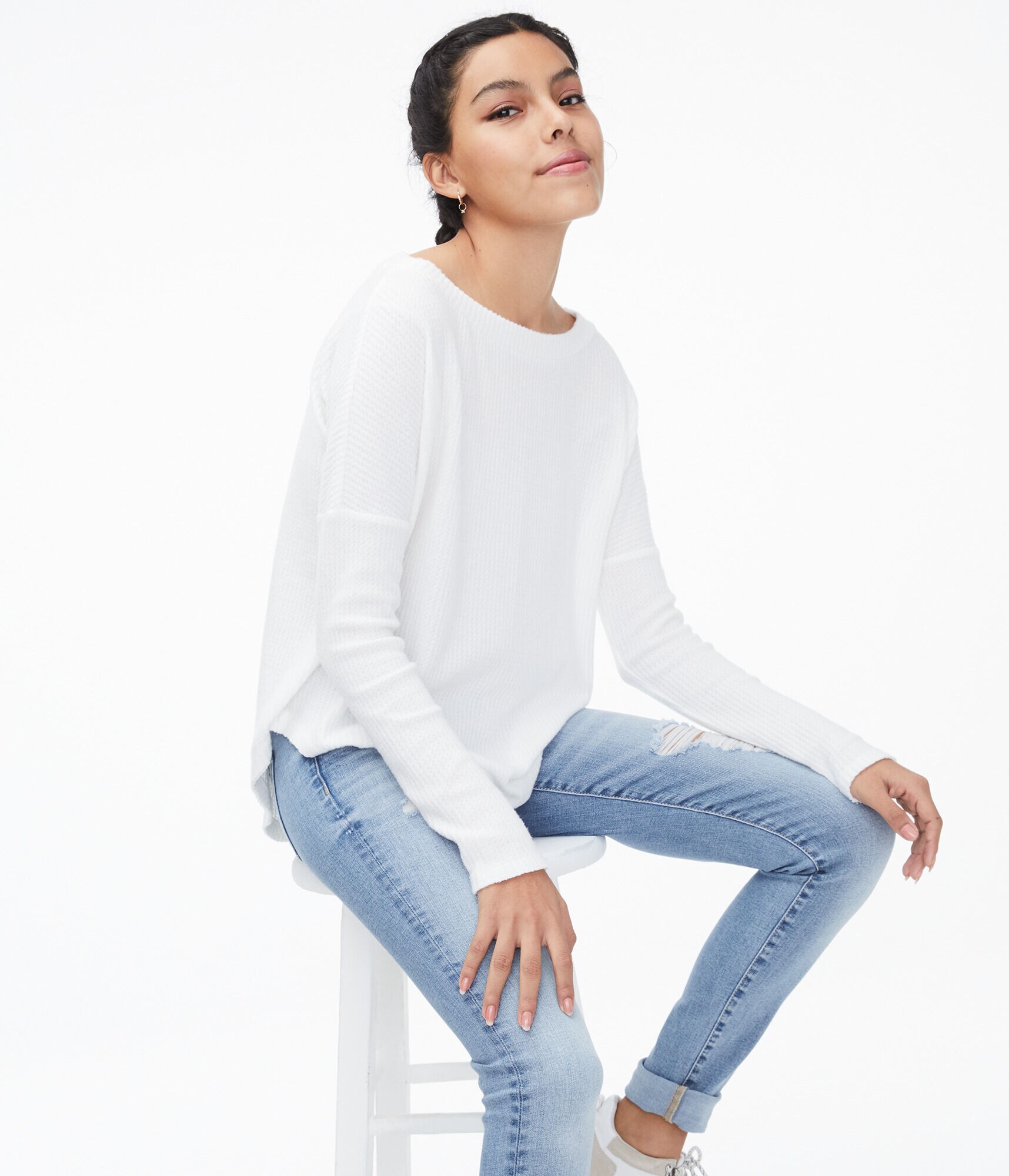 Long Sleeve Waffle-Knit Boat-Neck Top