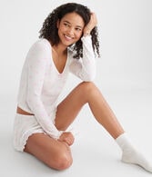 Long Sleeve Printed Cropped Scoop-Neck Sleep Tee