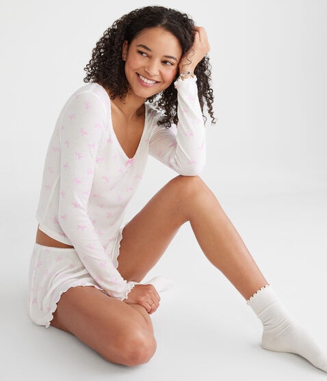Long Sleeve Printed Cropped Scoop-Neck Sleep Tee Long Sleeve Printed Cropped Scoop-Neck Sleep Tee
