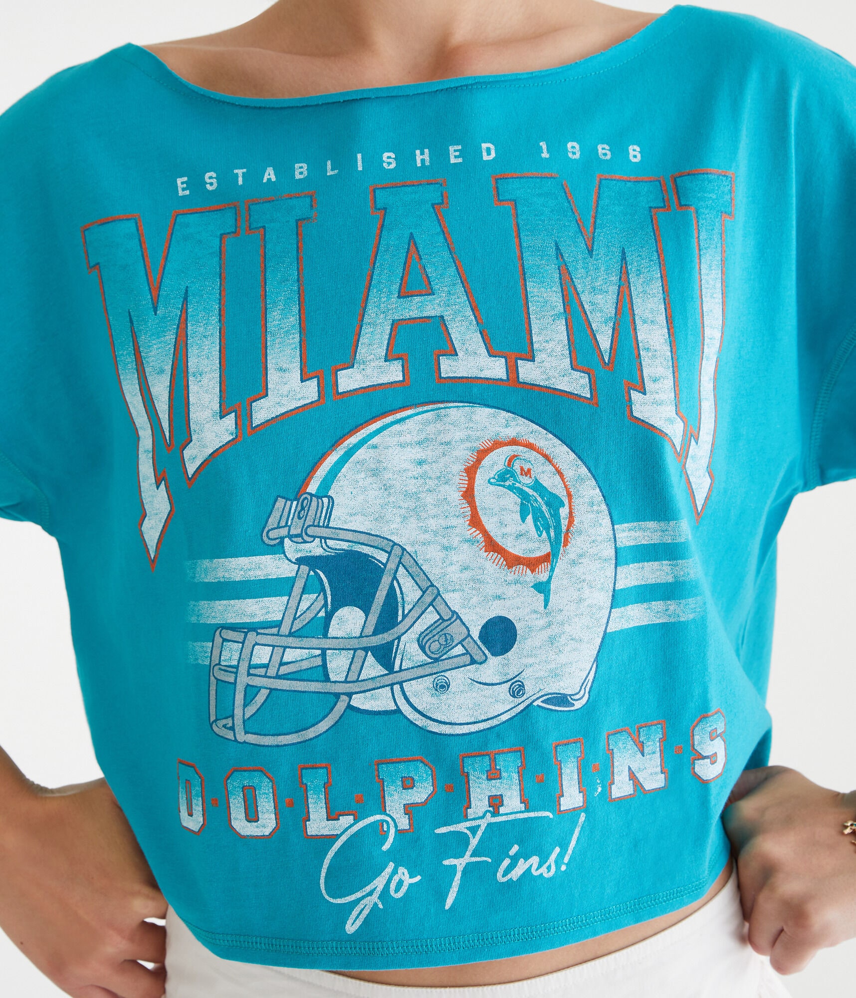 Miami Dolphins Cropped Off-The-Shoulder Graphic Tee
