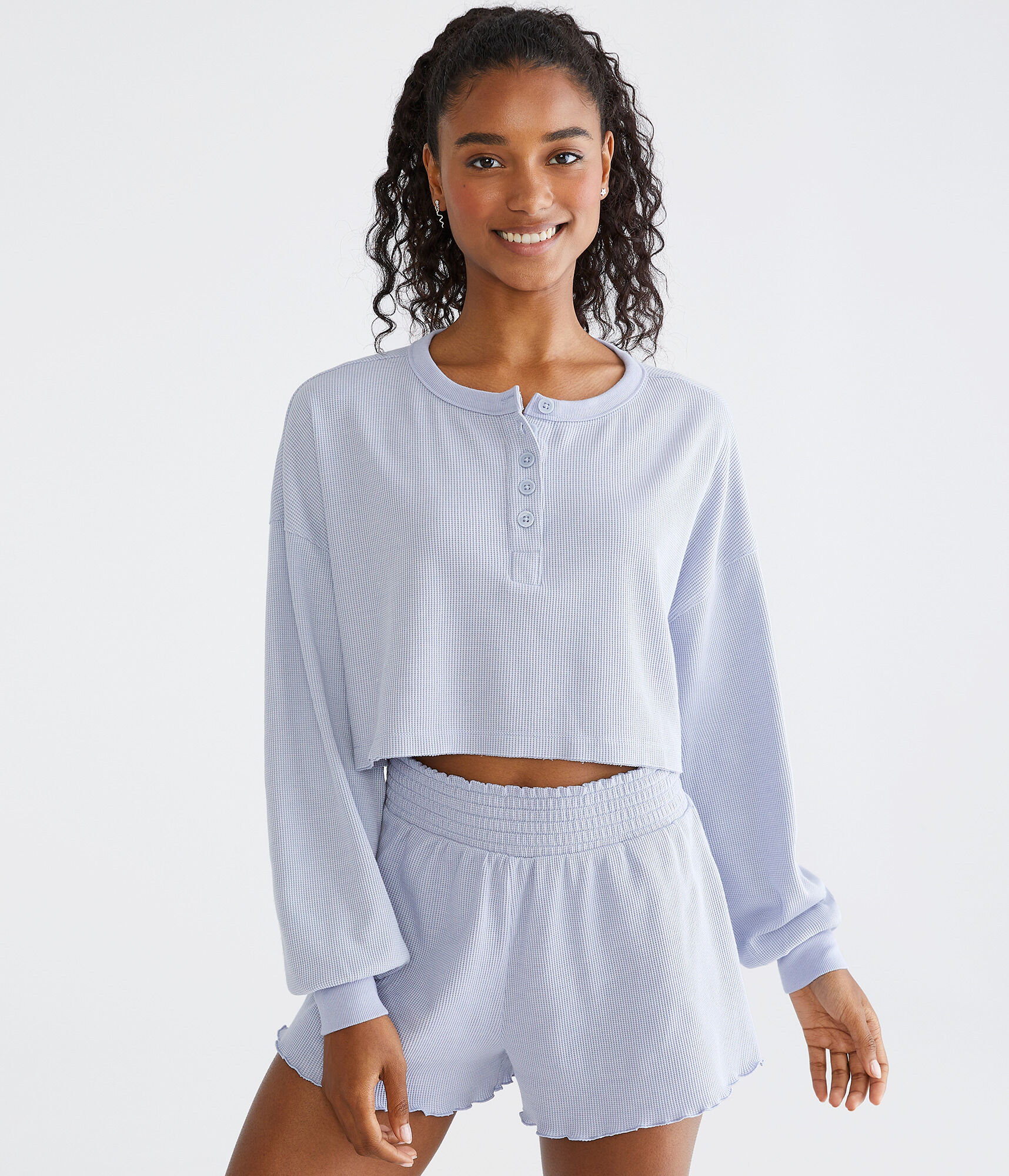 Long Sleeve Waffle-Knit Cropped Sleep Henley