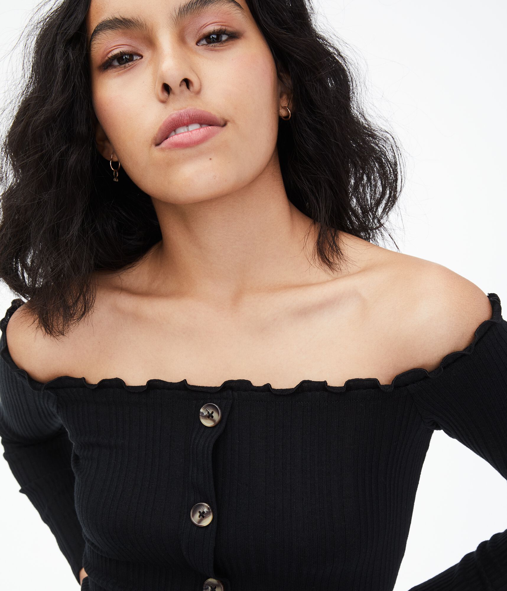 Long Sleeve Seriously Soft Buttoned Off-The-Shoulder Bodycon Top