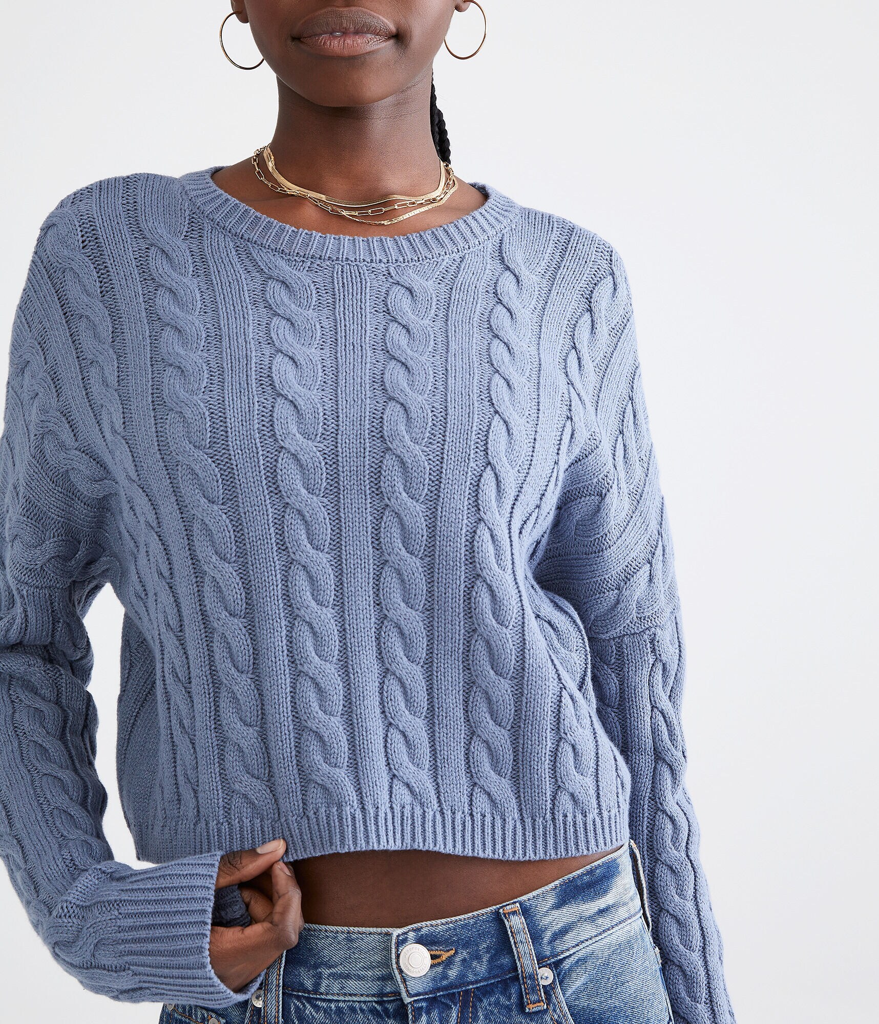Cable-Knit Cropped Crew Sweater