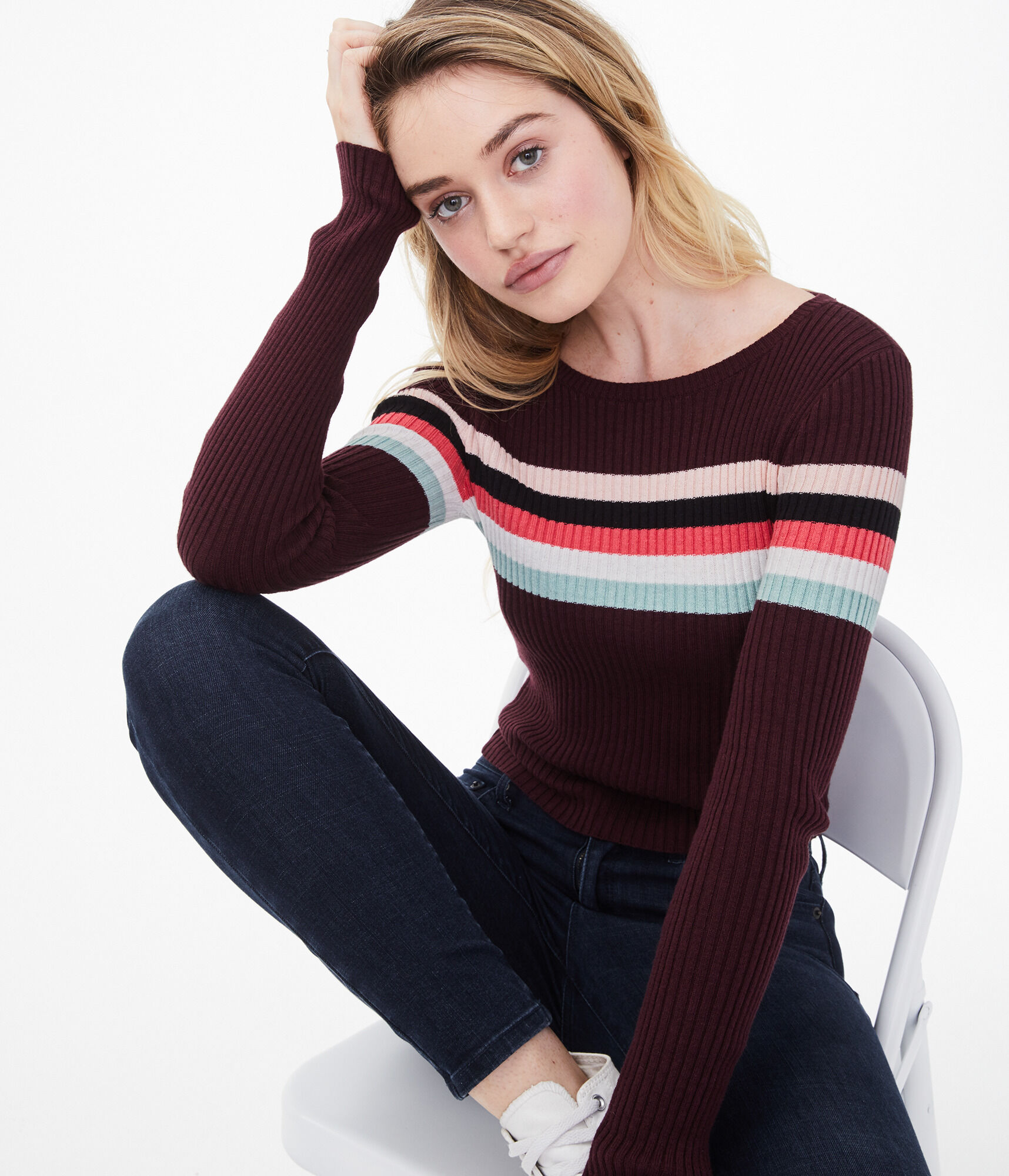 Long Sleeve Chest Stripe Bodycon Top