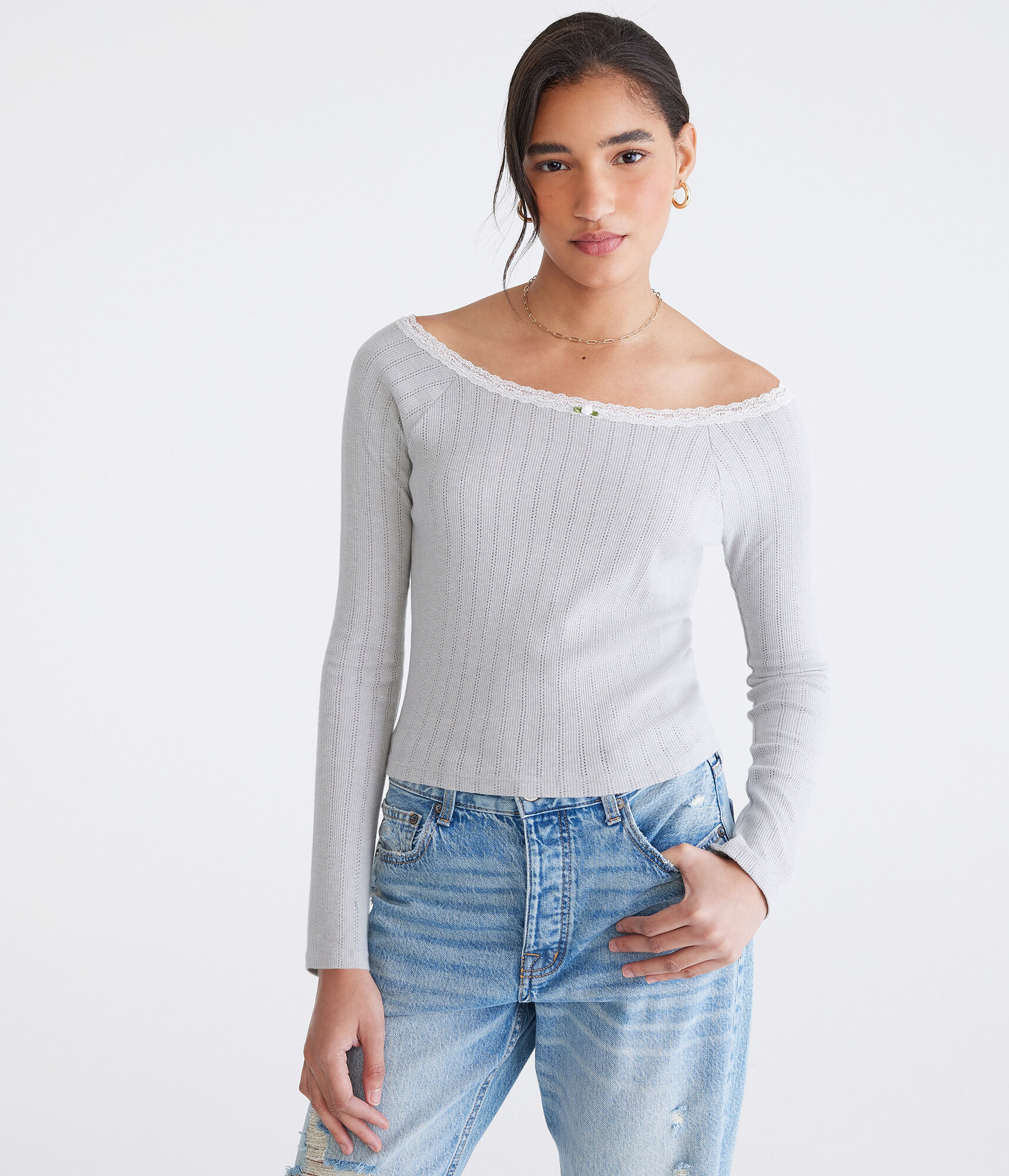 Long Sleeve Pointelle Open-Neck Tee
