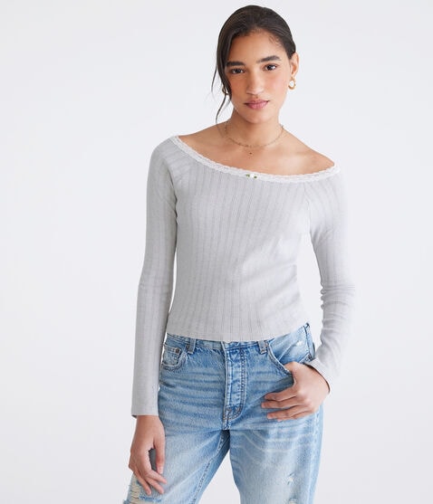 Long Sleeve Pointelle Open-Neck Tee Long Sleeve Pointelle Open-Neck Tee