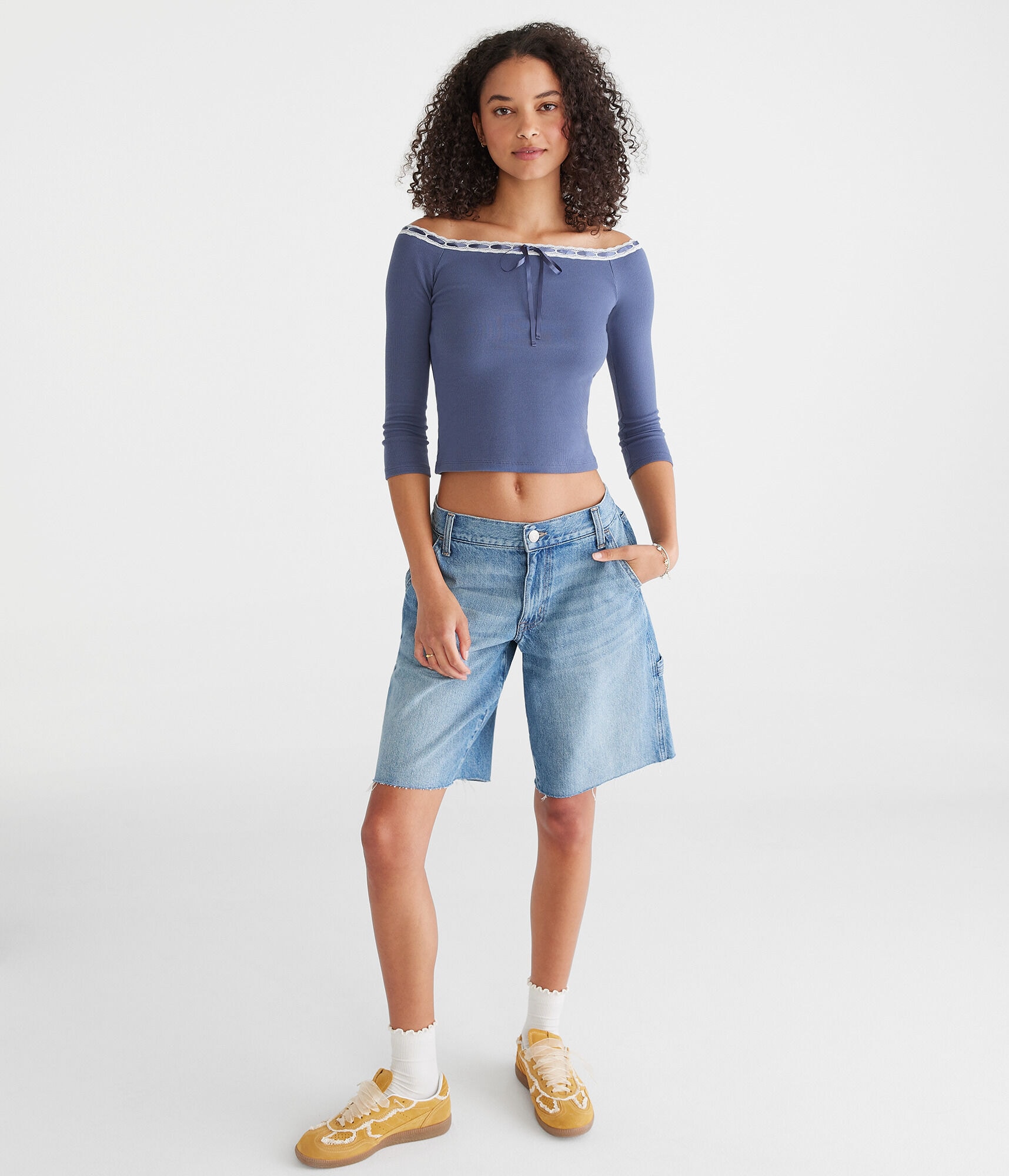 3/4 Sleeve Ribbon Off-The-Shoulder Tee