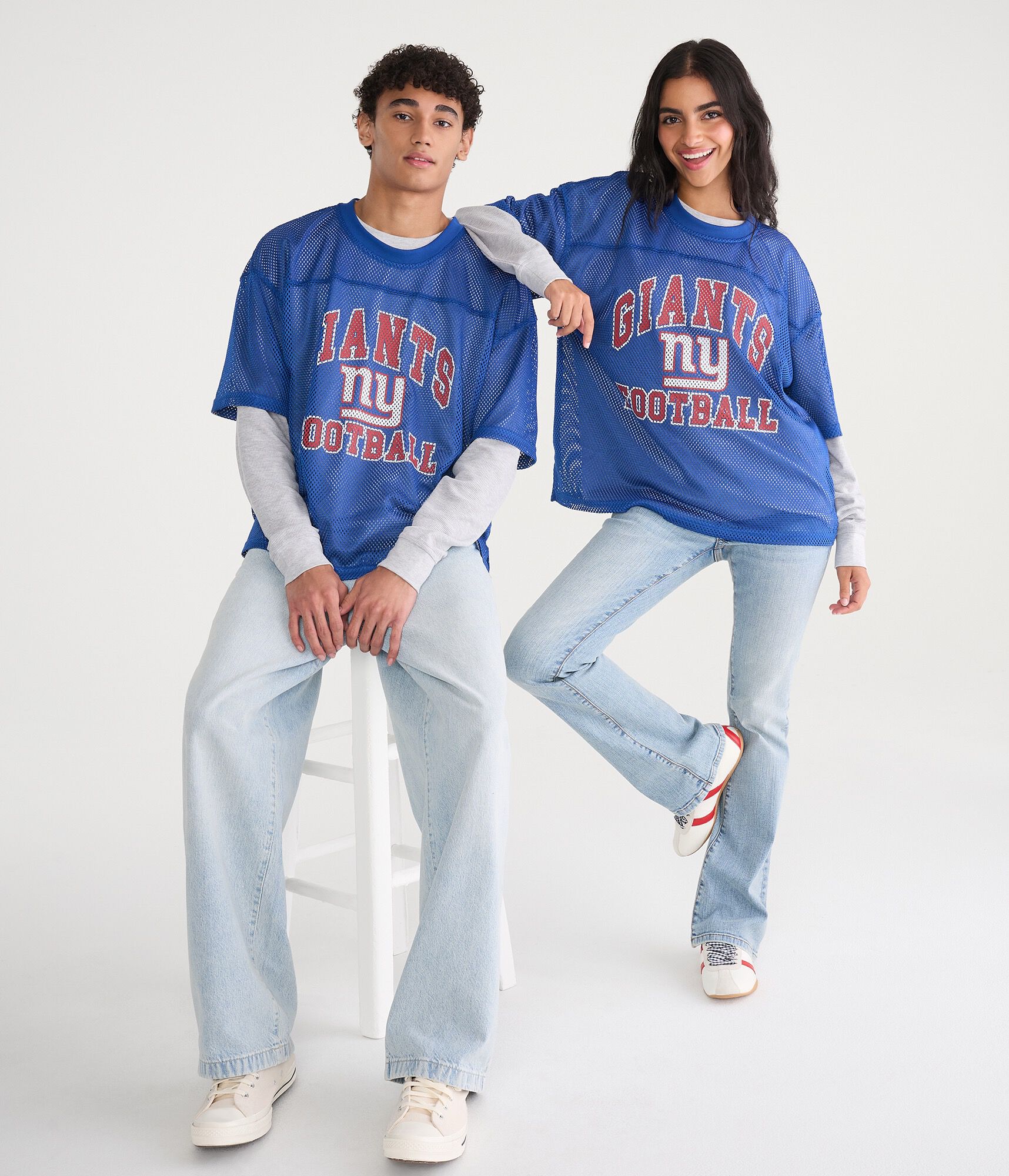 Long Sleeve New York Giants Football Boxy Mesh 2Fer Top