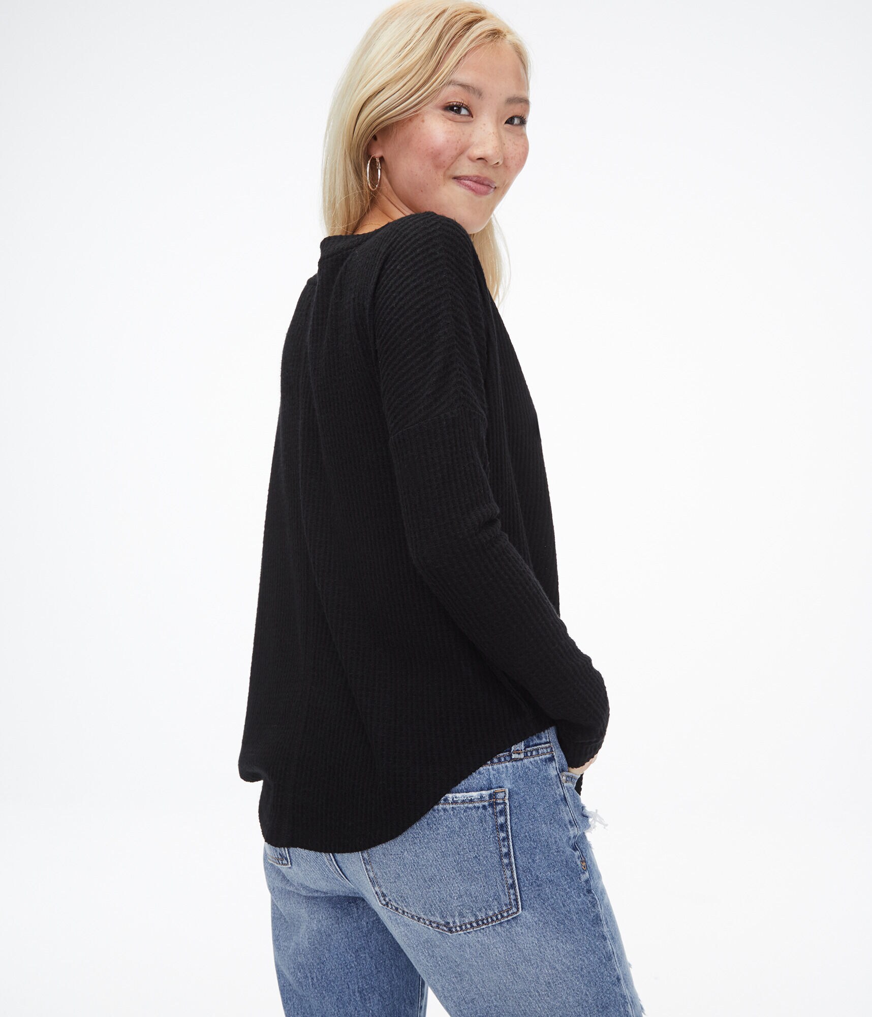 Long Sleeve Waffle-Knit Boat-Neck Top