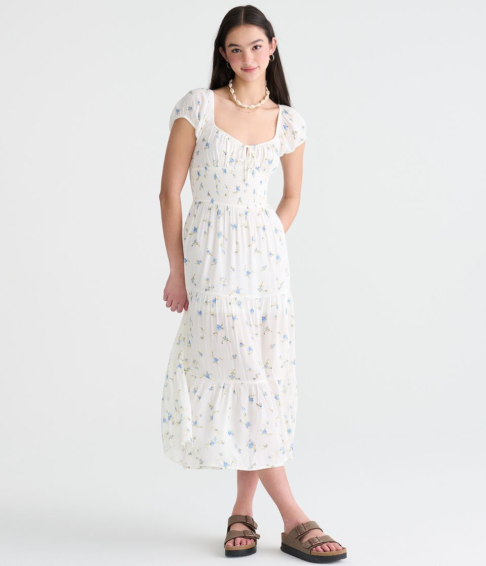 Aeropostale Womens' Floral Scoop-Neck Smocked Waist Midi Dress - White - Size XXL - Rayon - Teen Fashion & Clothing Aeropostale Womens' Floral Scoop-Neck Smocked Waist Midi Dress - White - Size XXL - Rayon - Teen Fashion & Clothing