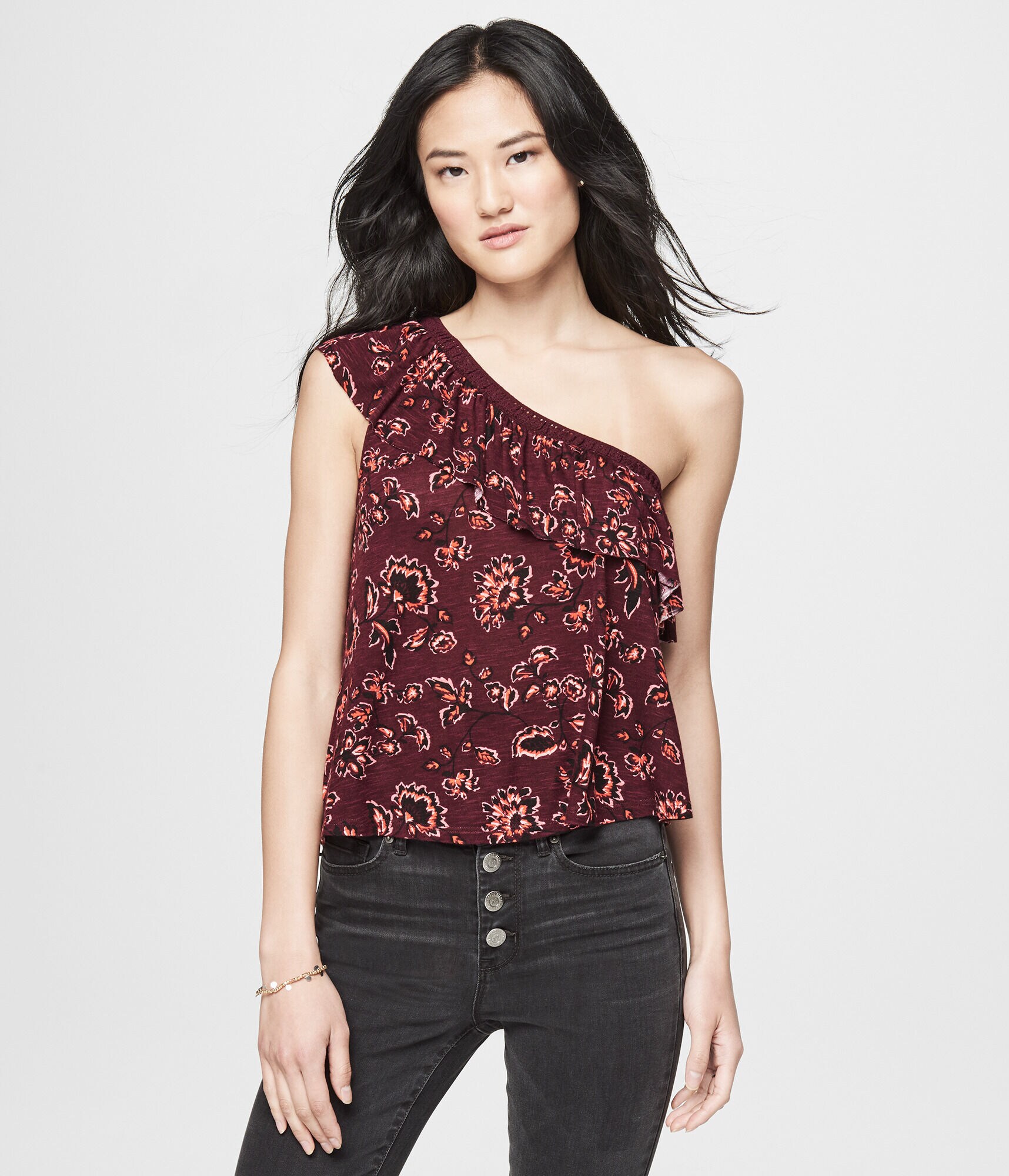 Printed Ruffled One-Shoulder Top
