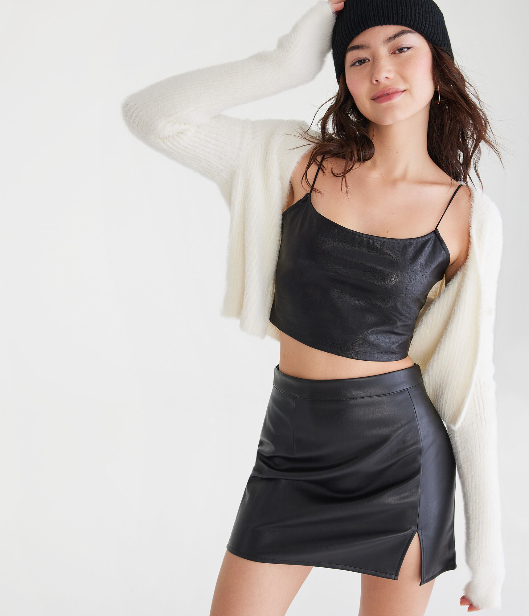 Faux Leather High-Waisted Notched Skirt
