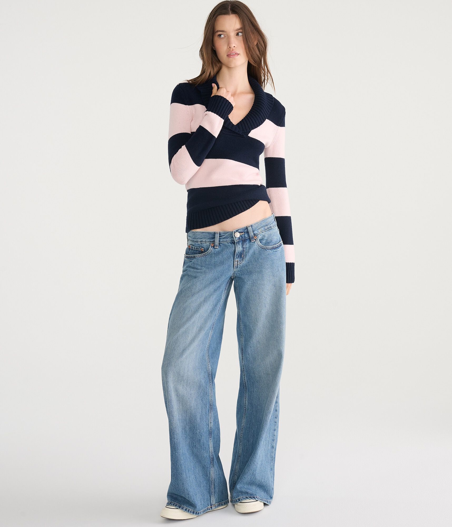 Striped Shawl Collar V-Neck Sweater