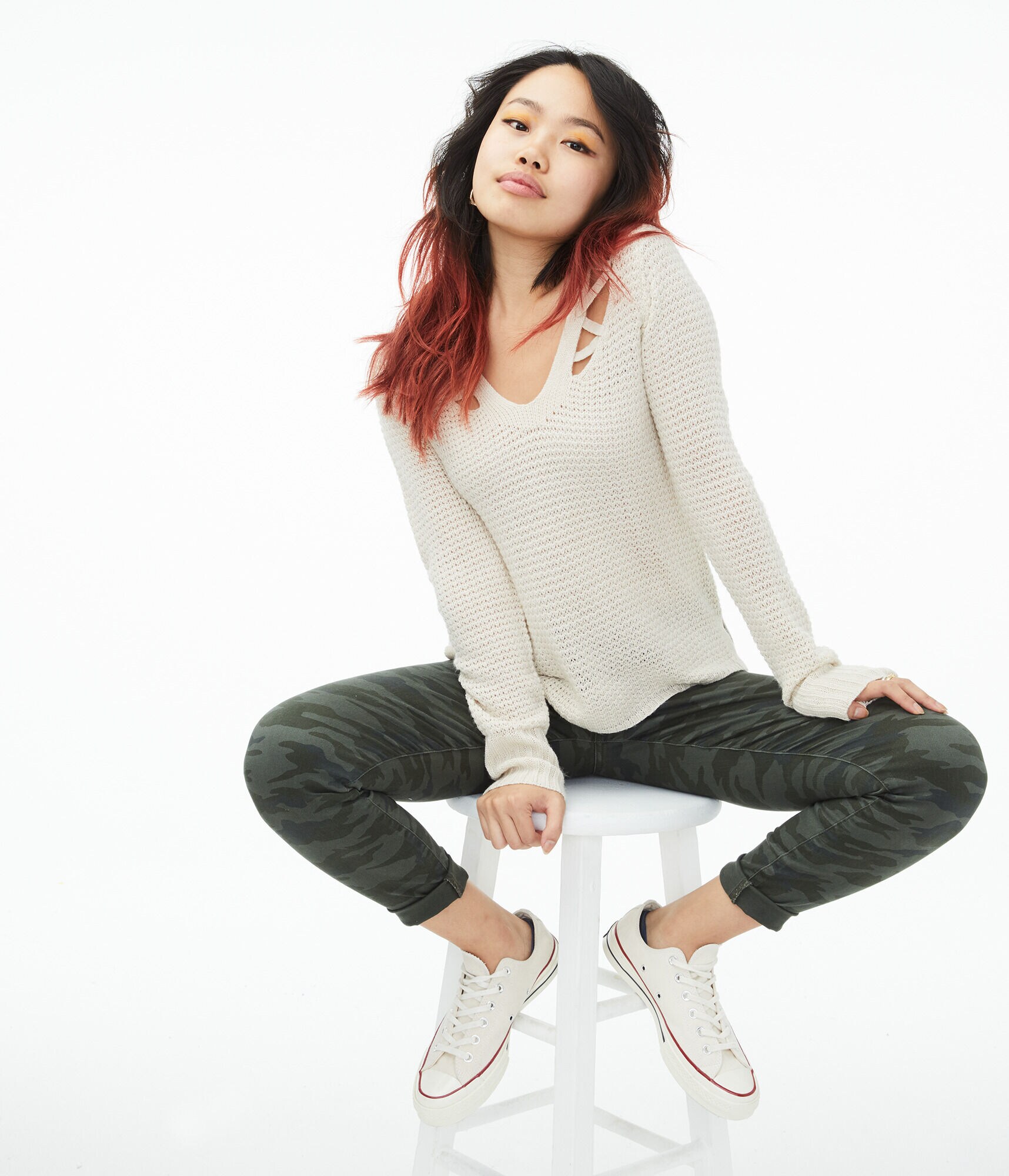 Laced-Up Shoulder V-Neck Sweater