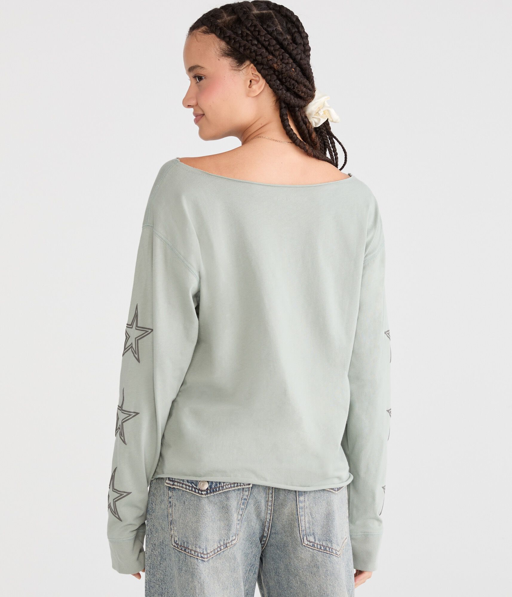 Long Sleeve Peace Sign Off-The-Shoulder Vintage Fit Graphic Tee