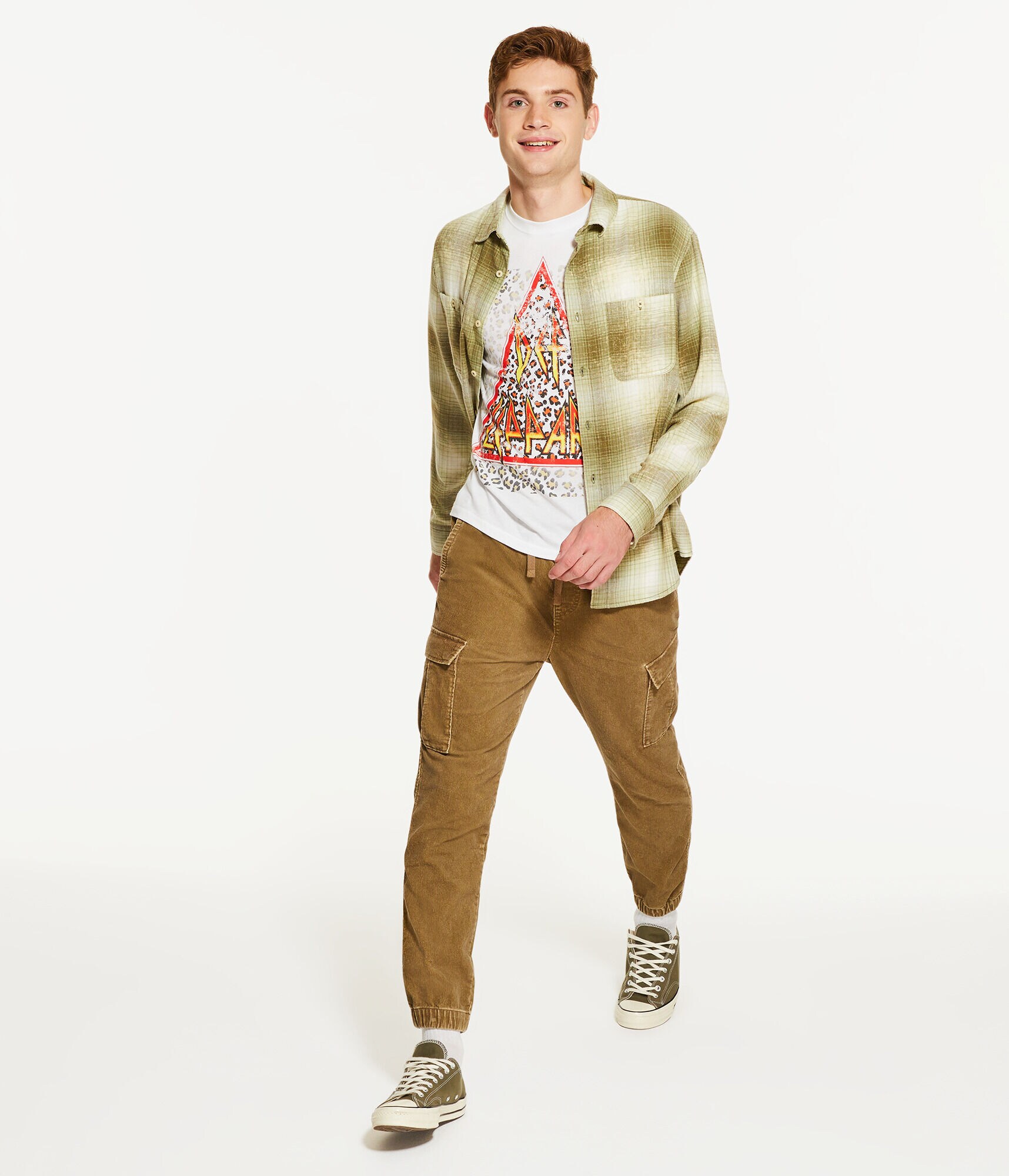 Long Sleeve Relaxed Bleached-Out Plaid Flannel Shirt