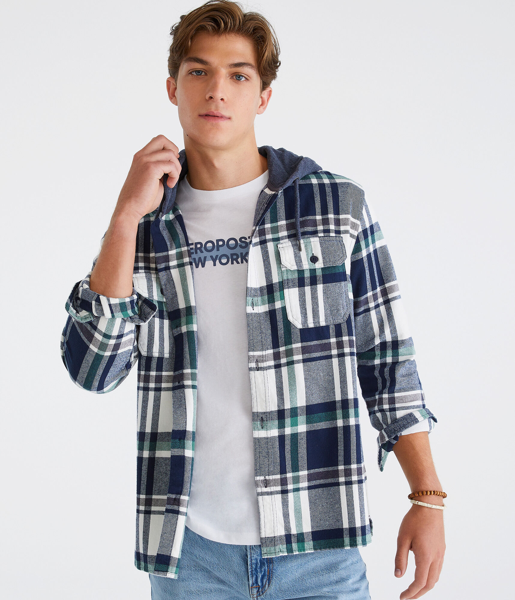 Long Sleeve Plaid Hooded Flannel Shirt