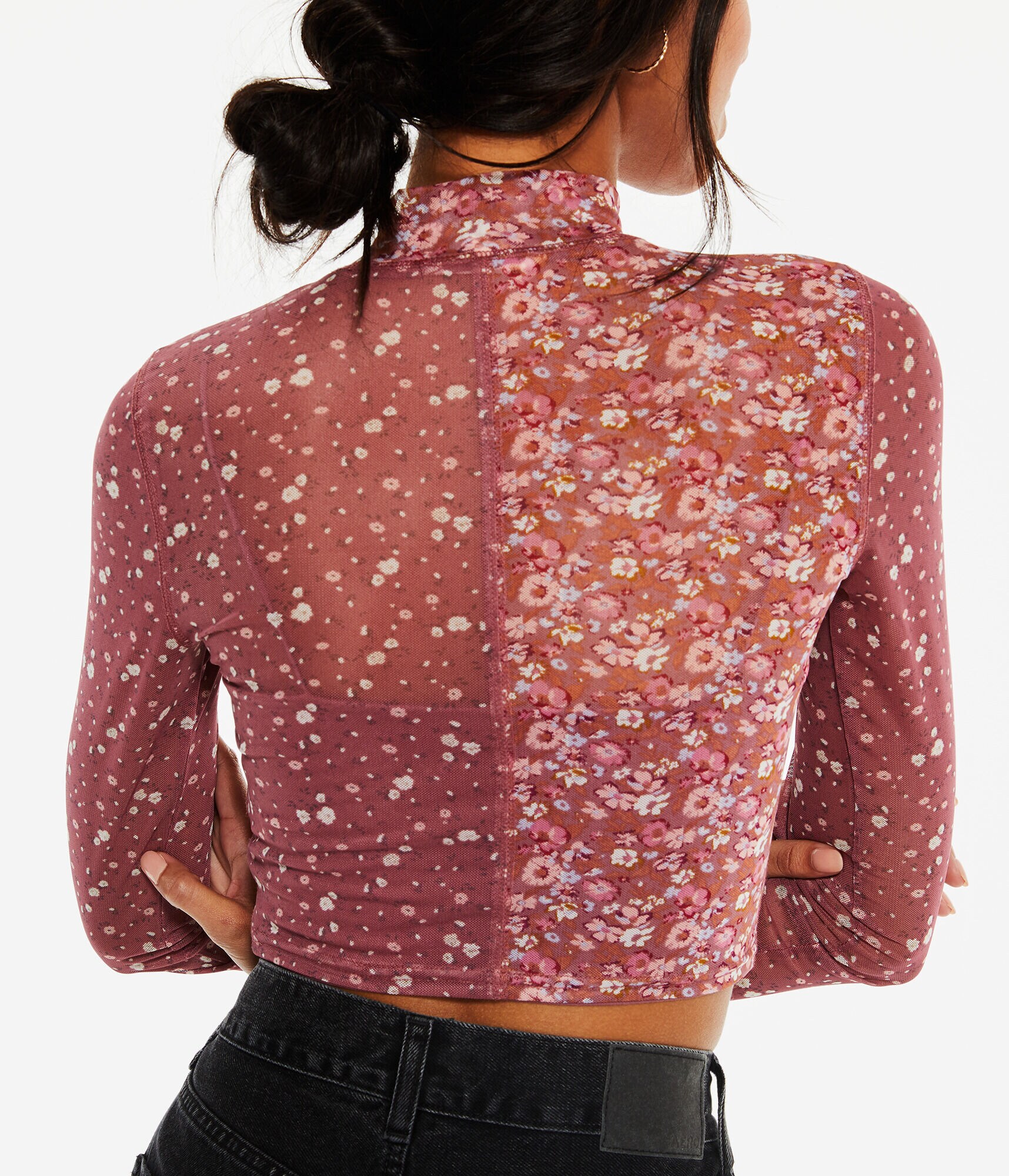 Long Sleeve Spliced Floral Mesh Mock-Neck Crop Top