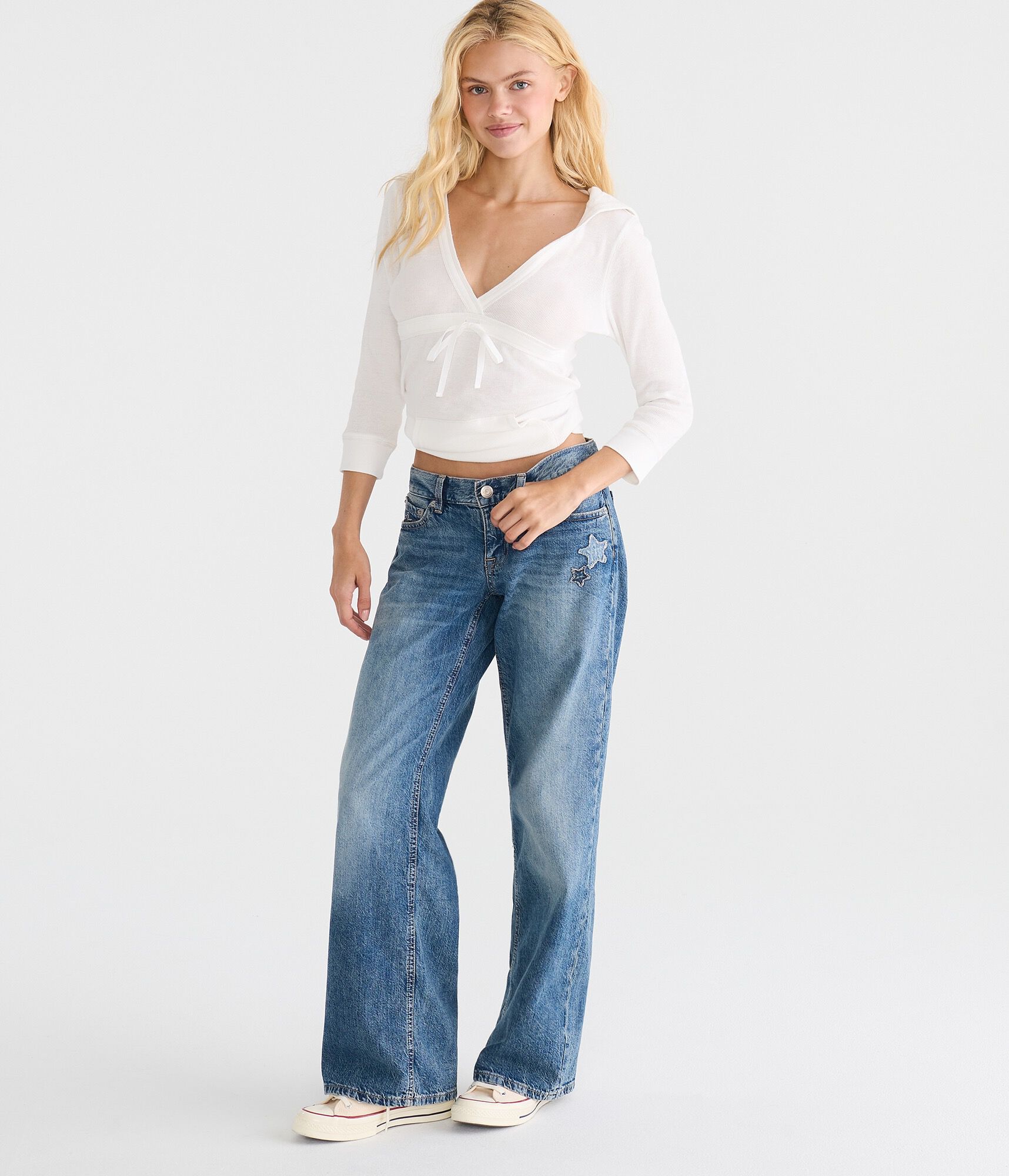 Super Low-Rise Baggy Wide Leg Denim Stars Jean