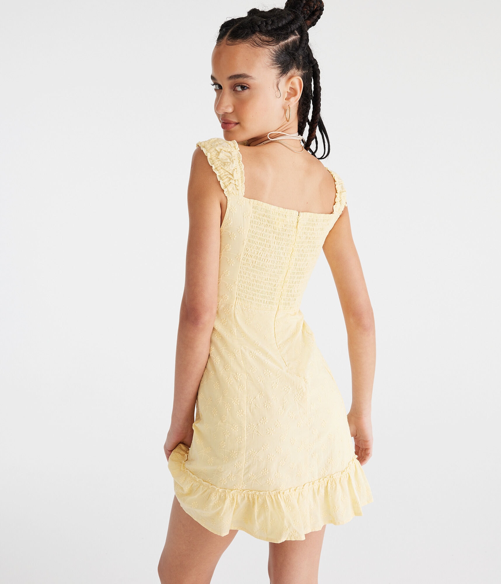 Solid Scoop-Neck Embroidered Floral Mini Dress