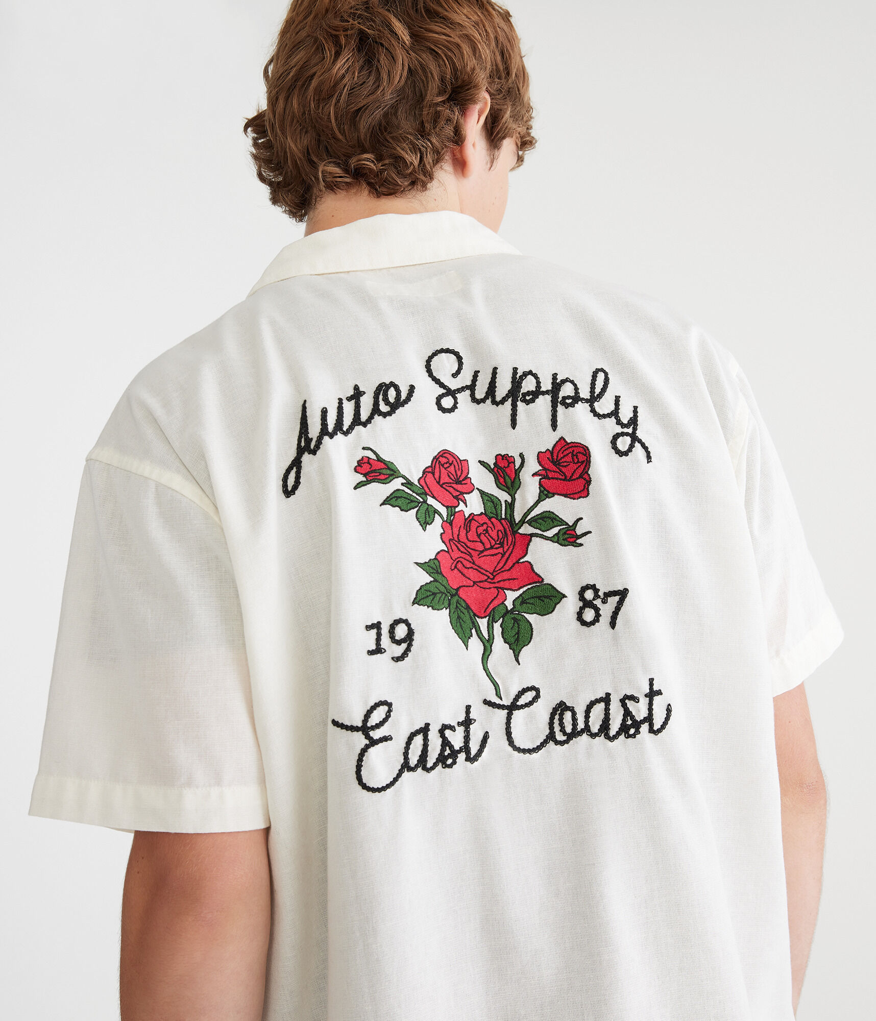 Short Sleeve Roses Auto Supply Boxy Linen Camp Shirt
