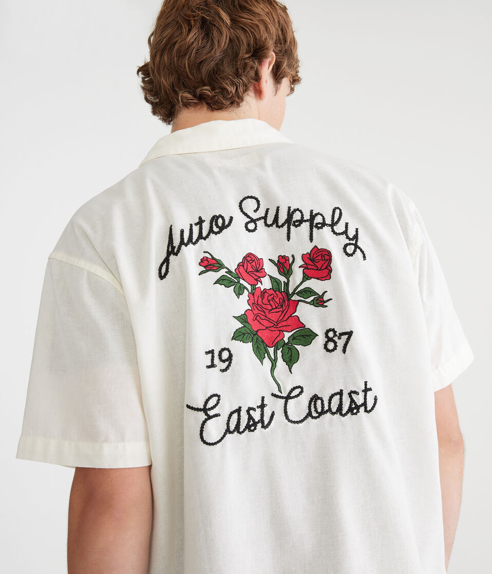 Short Sleeve Roses Auto Supply Boxy Linen Camp Shirt