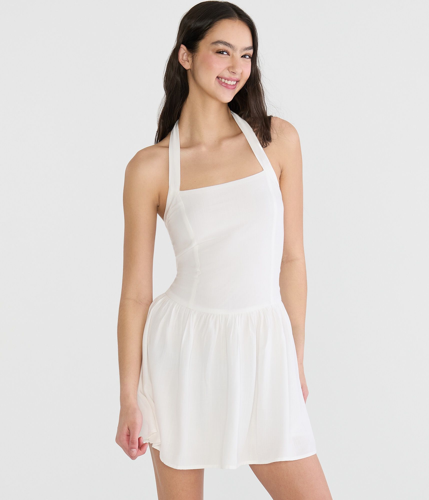 Solid Square-Neck Halter Drop-Waist Mini Dress