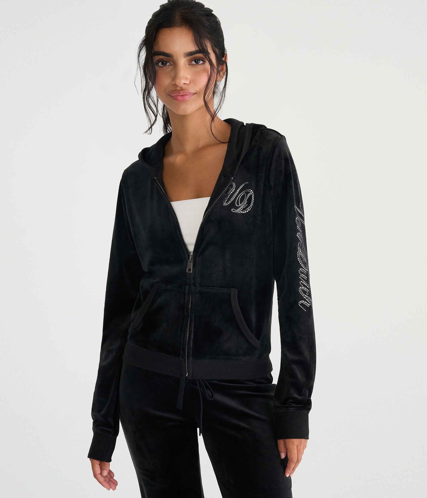 Von Dutch Rhinestone Logo Velour Full-Zip Hoodie