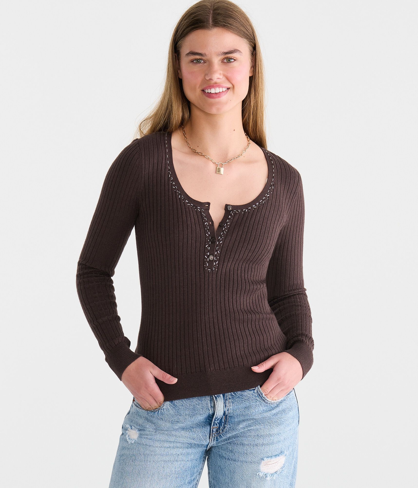 Beaded Ribbed Henley Sweater