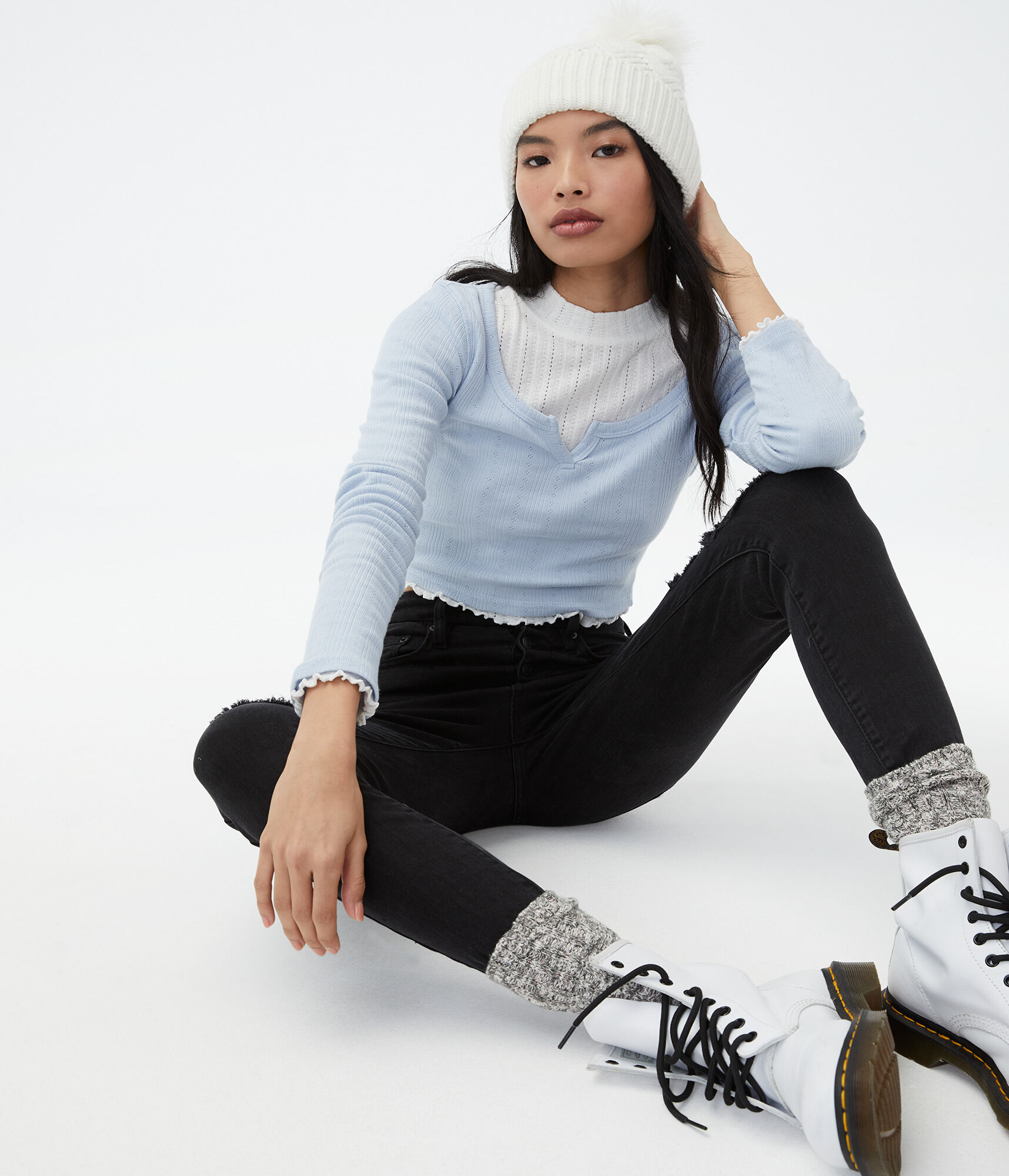 Long Sleeve Notch-Neck Cropped Shrunken Tee