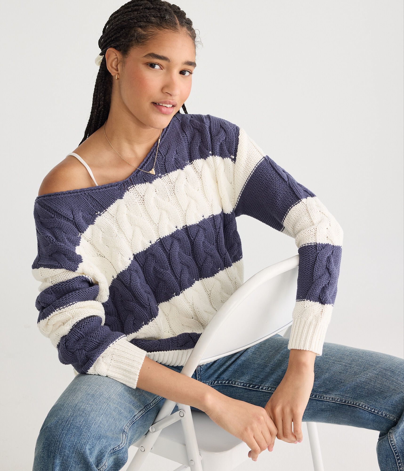 Striped Slouchy Cable V-Neck Sweater