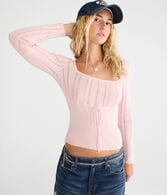 Pointelle Tie-Front Square-Neck Sweater