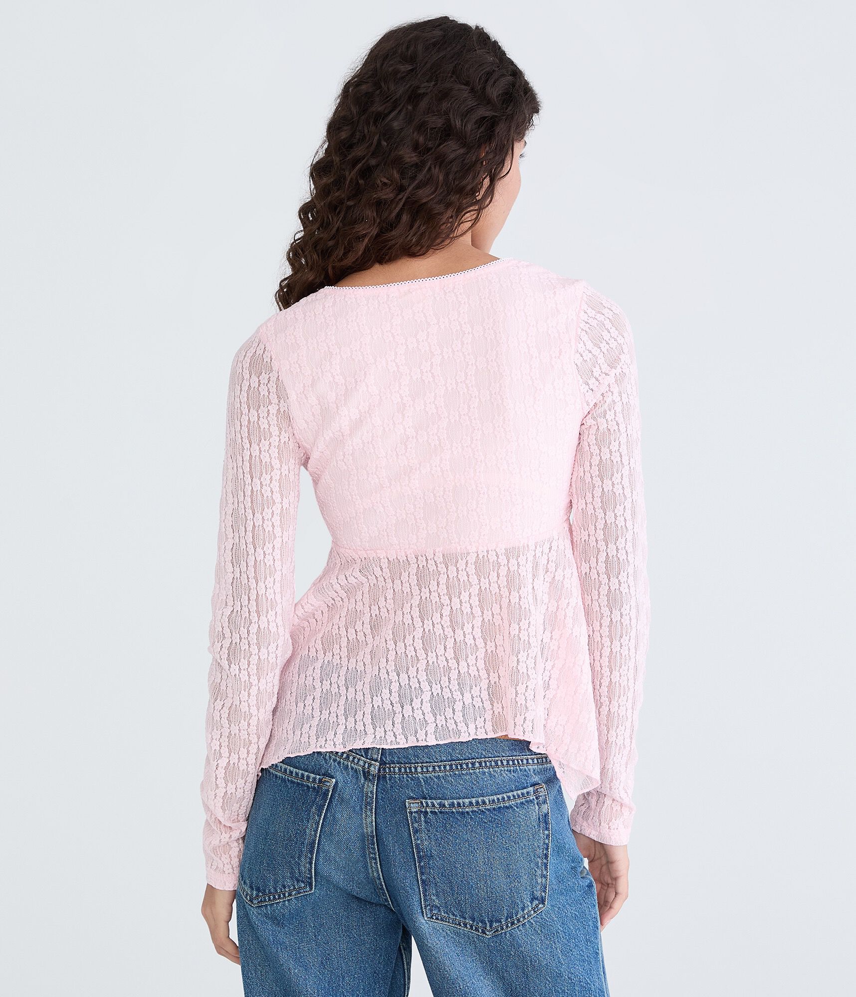 Long Sleeve Textured Cropped V-Neck Babydoll Top