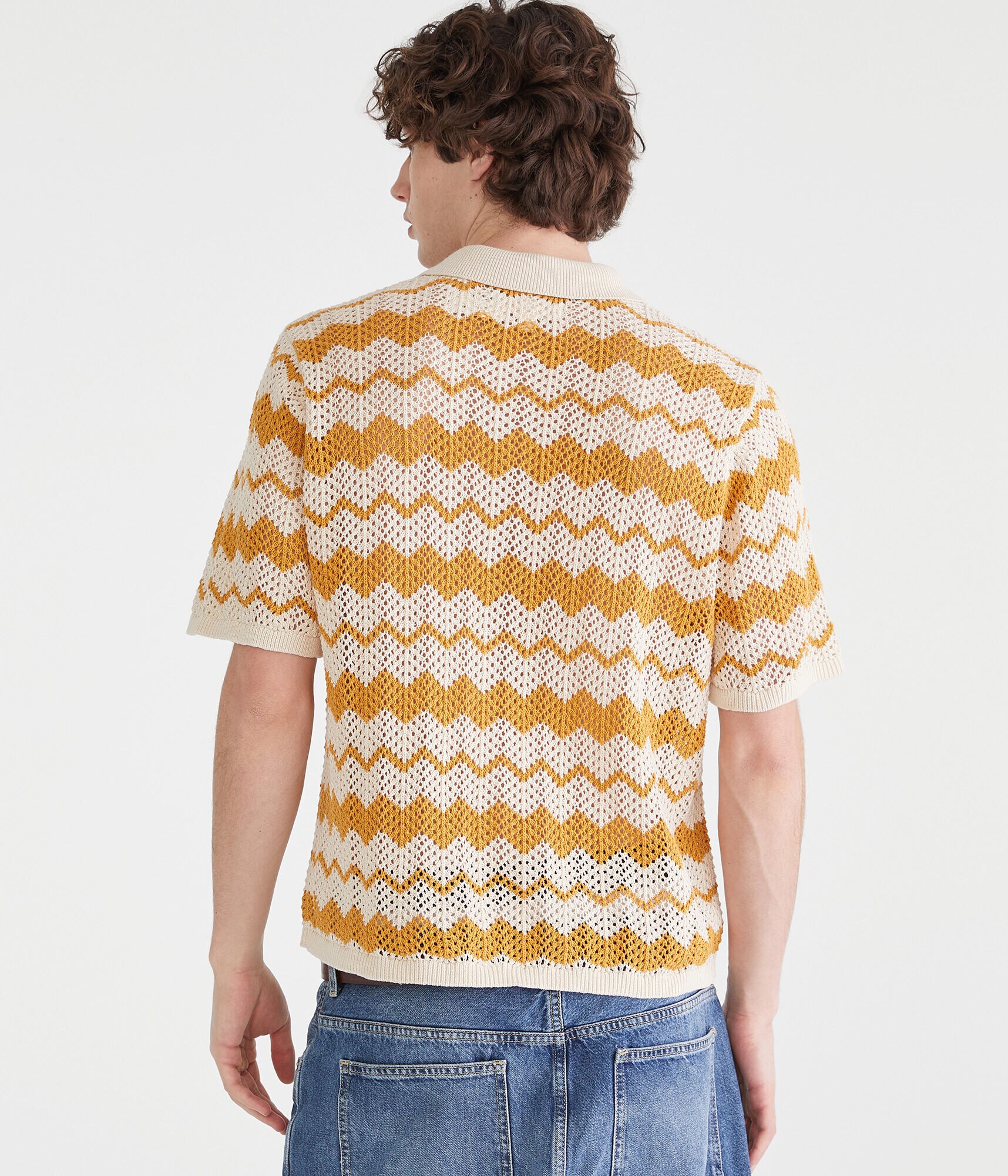 Chevron Crocheted Buttoned Sweater Polo