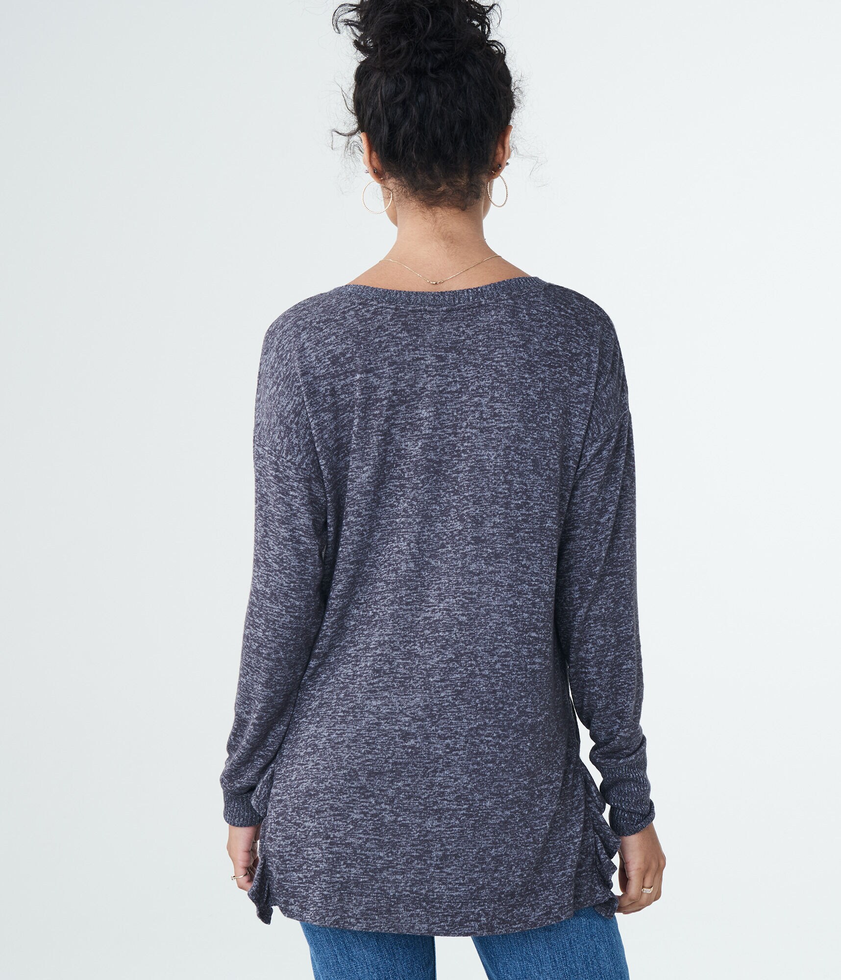 LLD Long Sleeve Side Ruffle V-Neck Top***