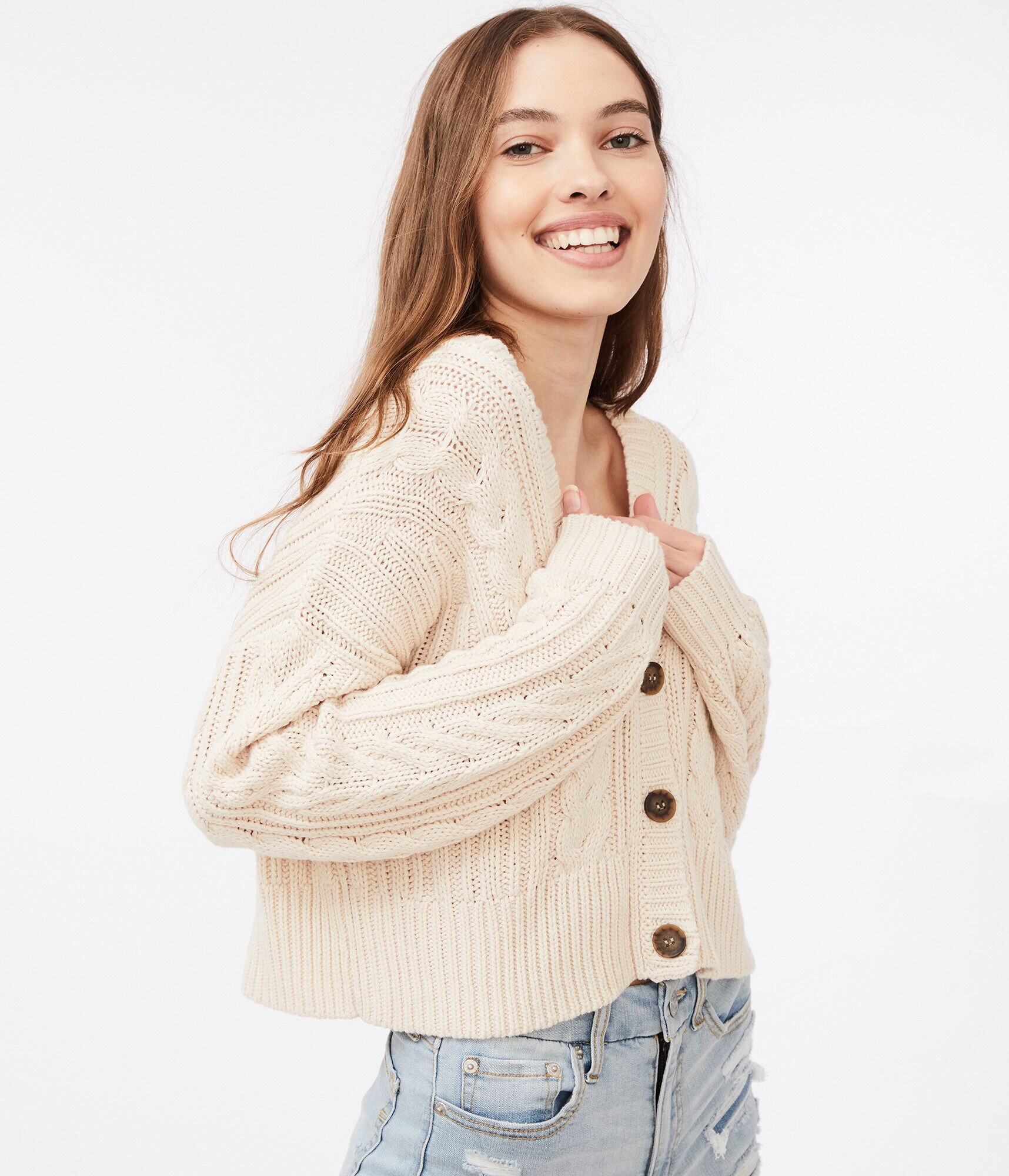 Slouchy Cable Cropped V-Neck Cardigan