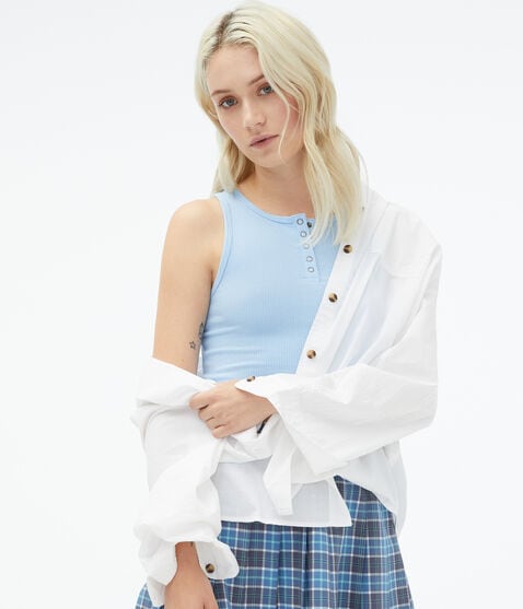 Solid High-Neck Snap Cropped Tank