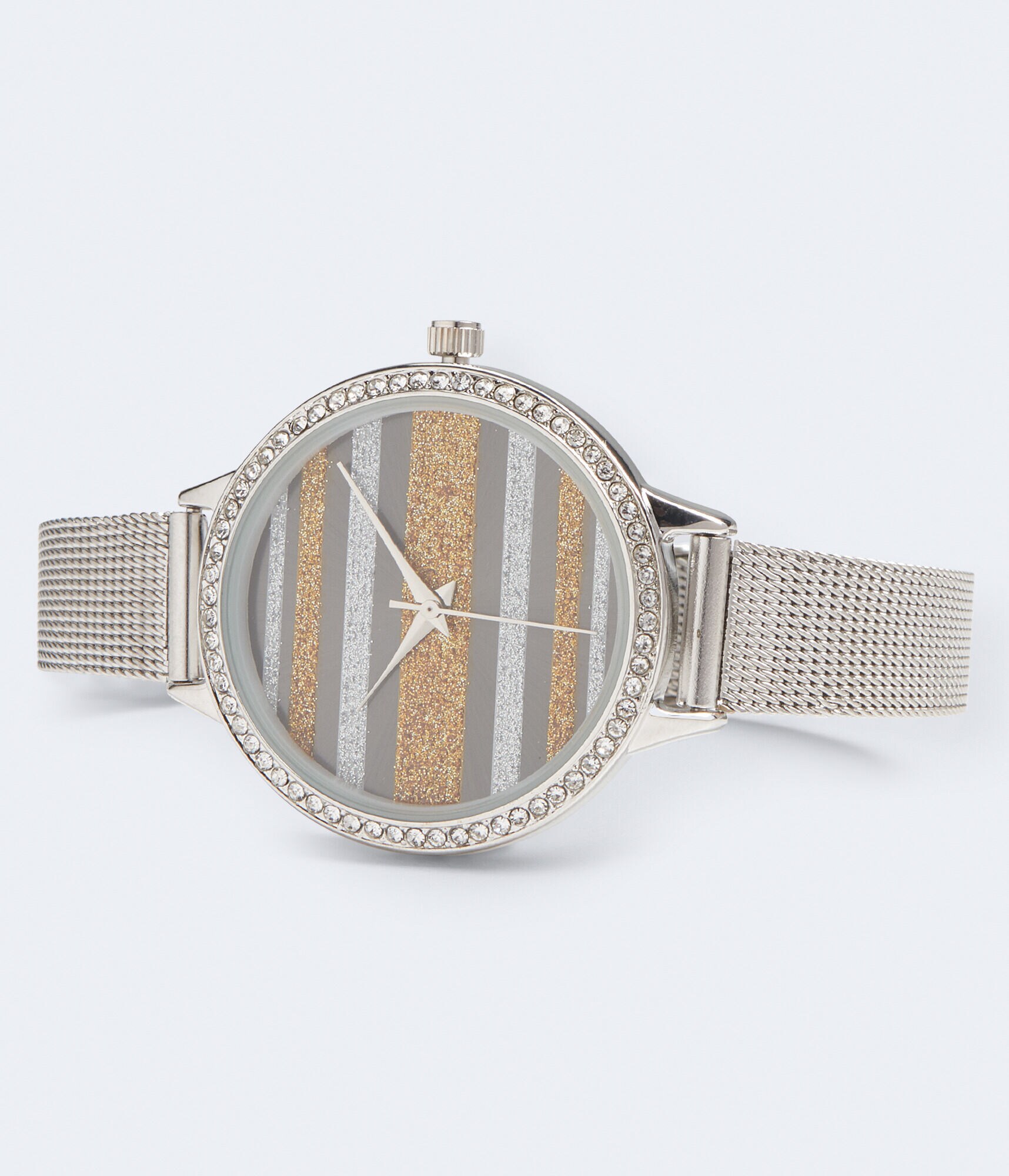 Mesh Round Glitter Stripe Analog Watch***