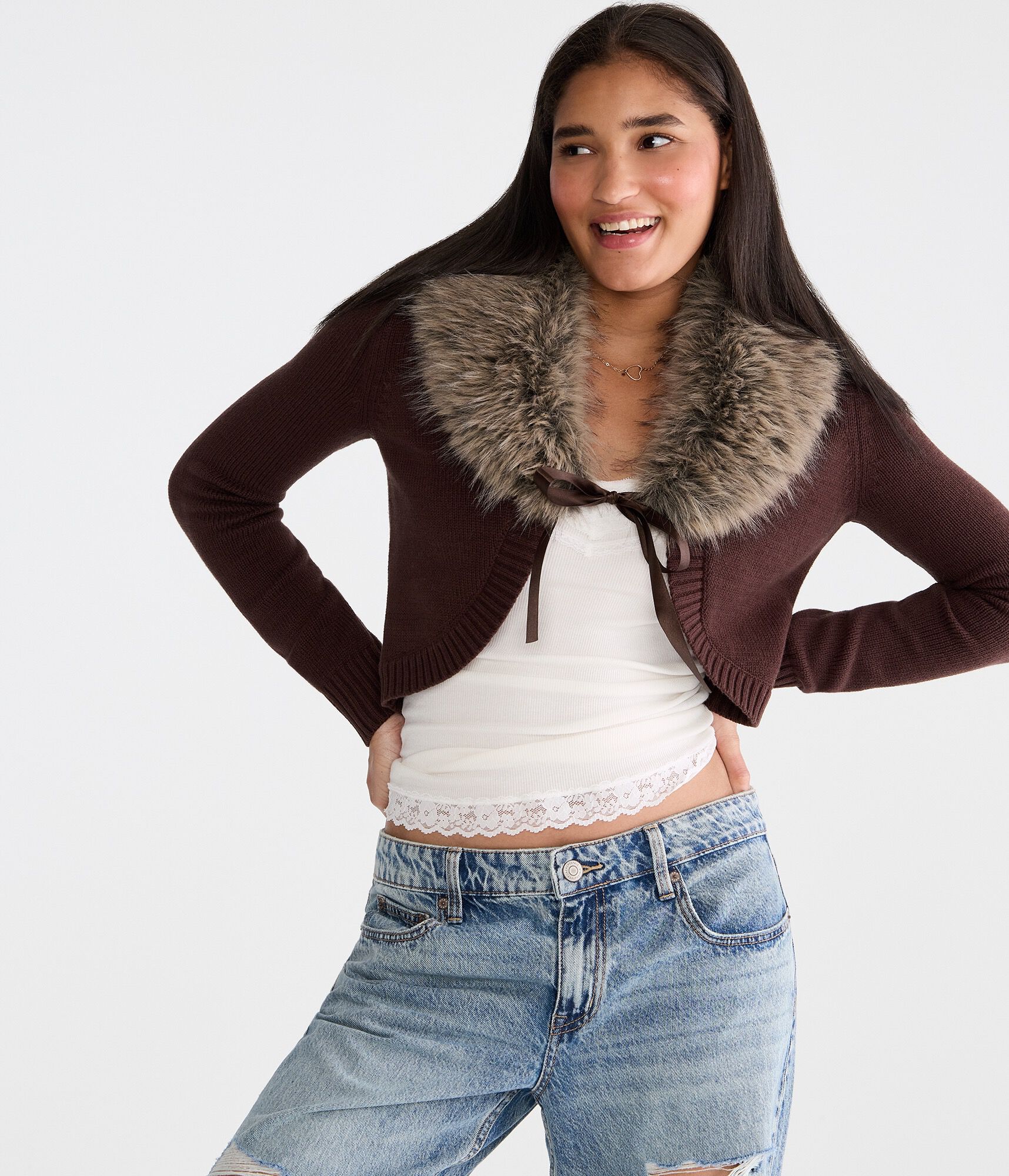 Long Sleeve Faux Fur-Trimmed Sweater Shrug
