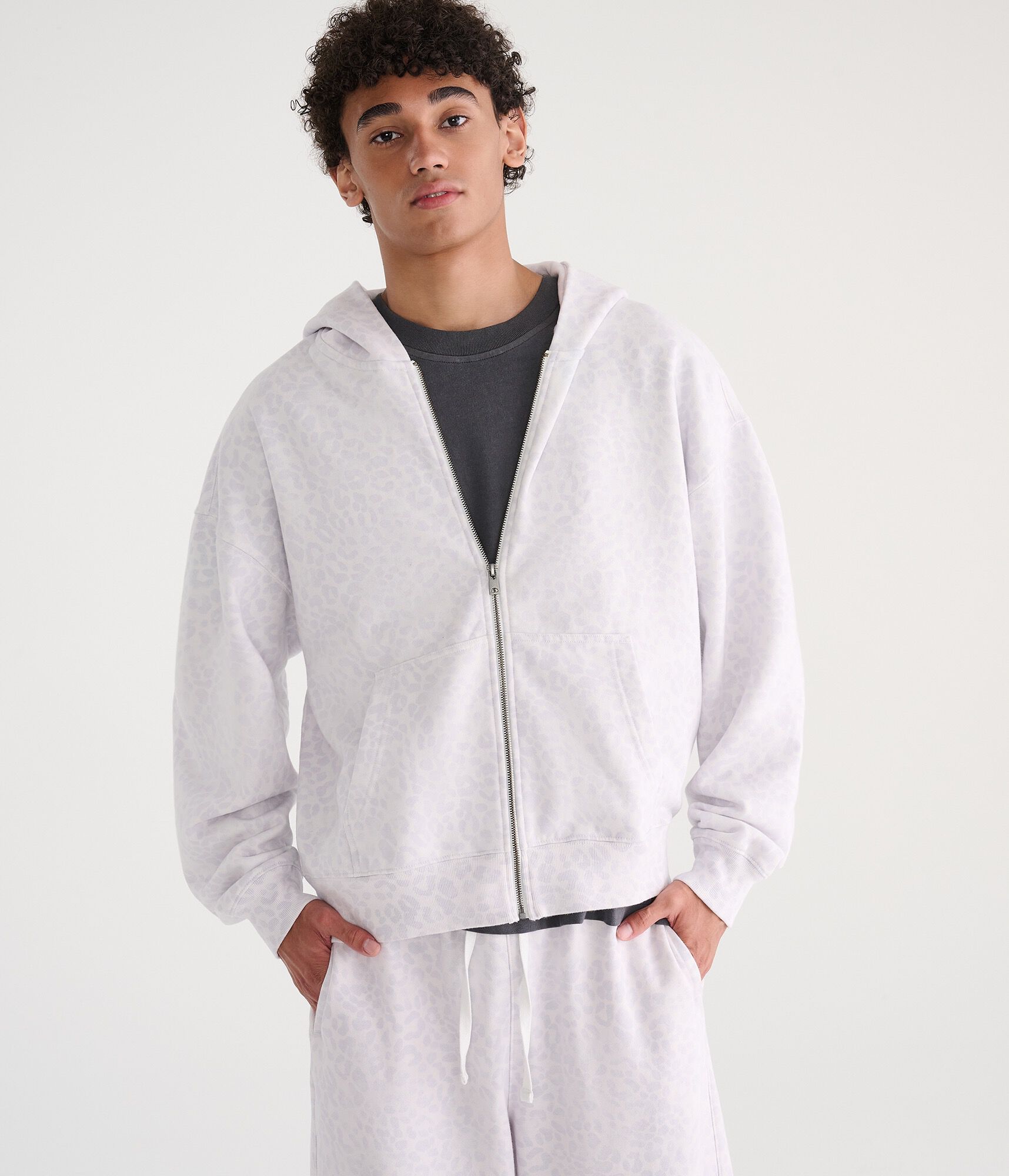 Cloud Soft Snow Leopard Print Boxy Full-Zip Hoodie