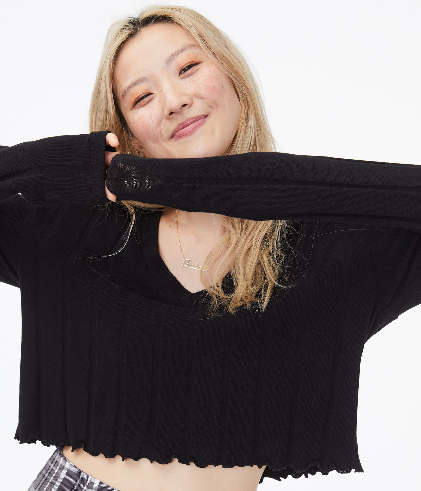 Long Sleeve Drop-Shoulder V-Neck Crop Top