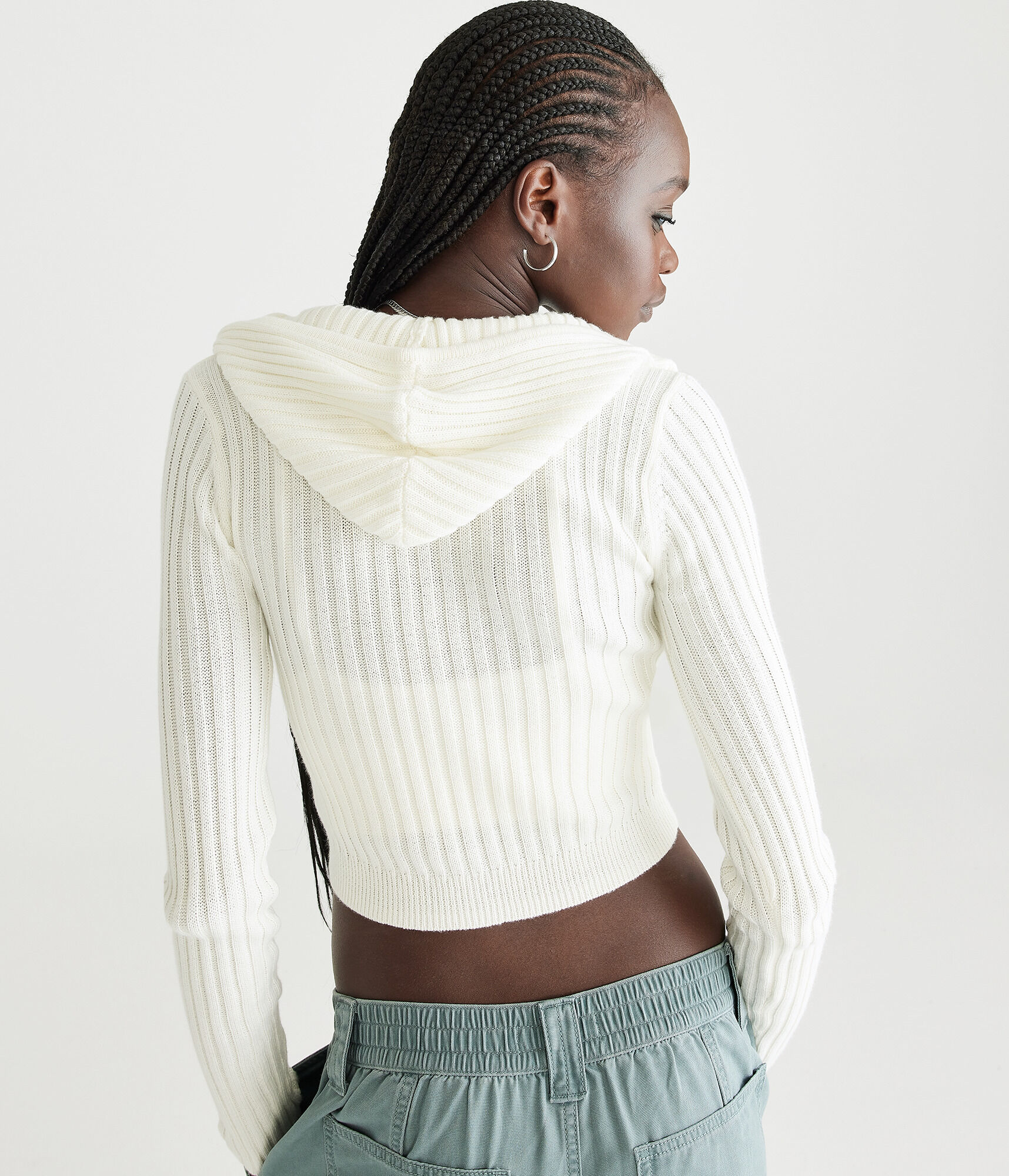 Ribbed Cropped Zip-Front Hooded Sweater