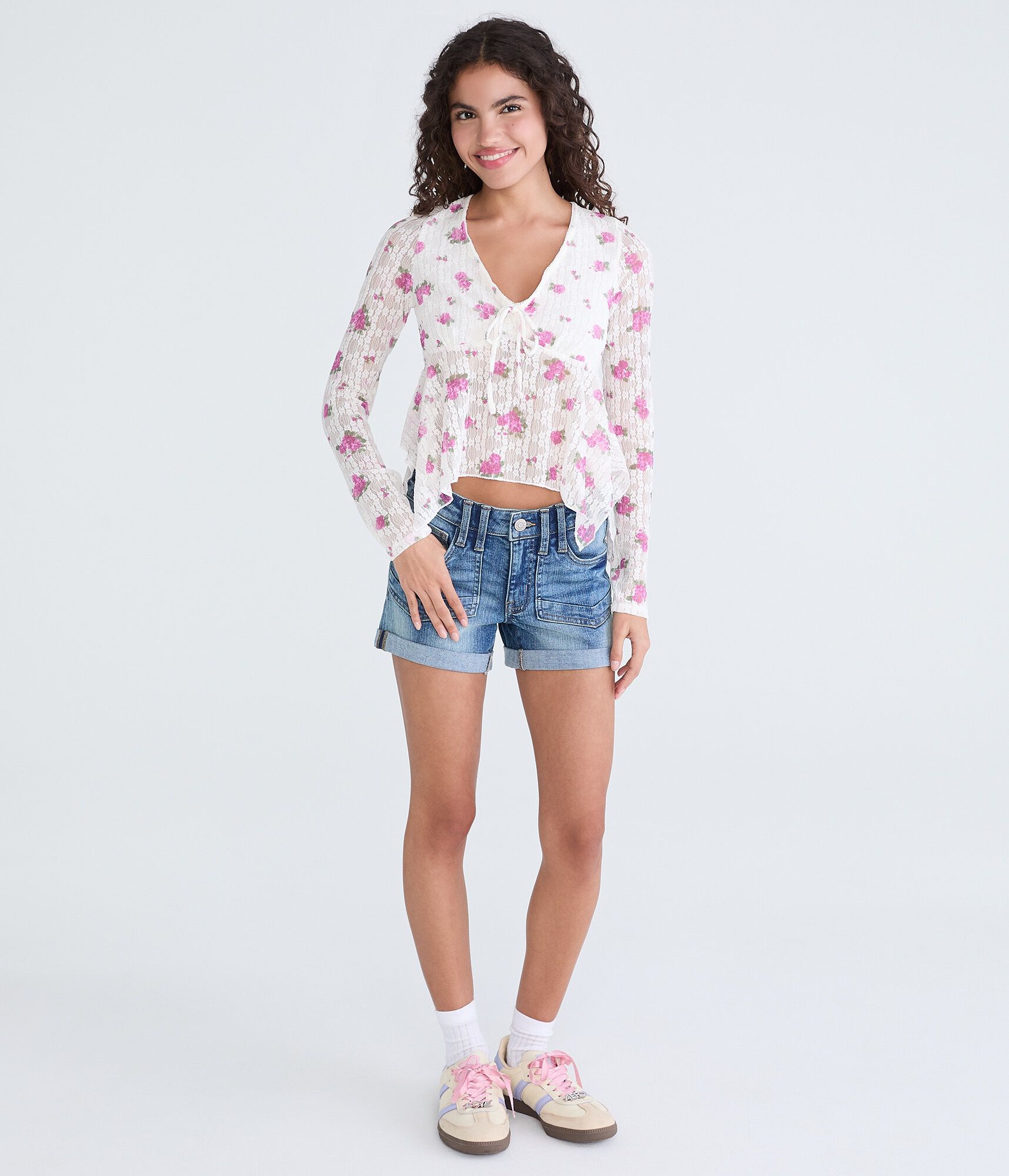 Long Sleeve Floral Textured Cropped V-Neck Babydoll Top