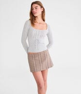 Pointelle Tie-Front Square-Neck Sweater