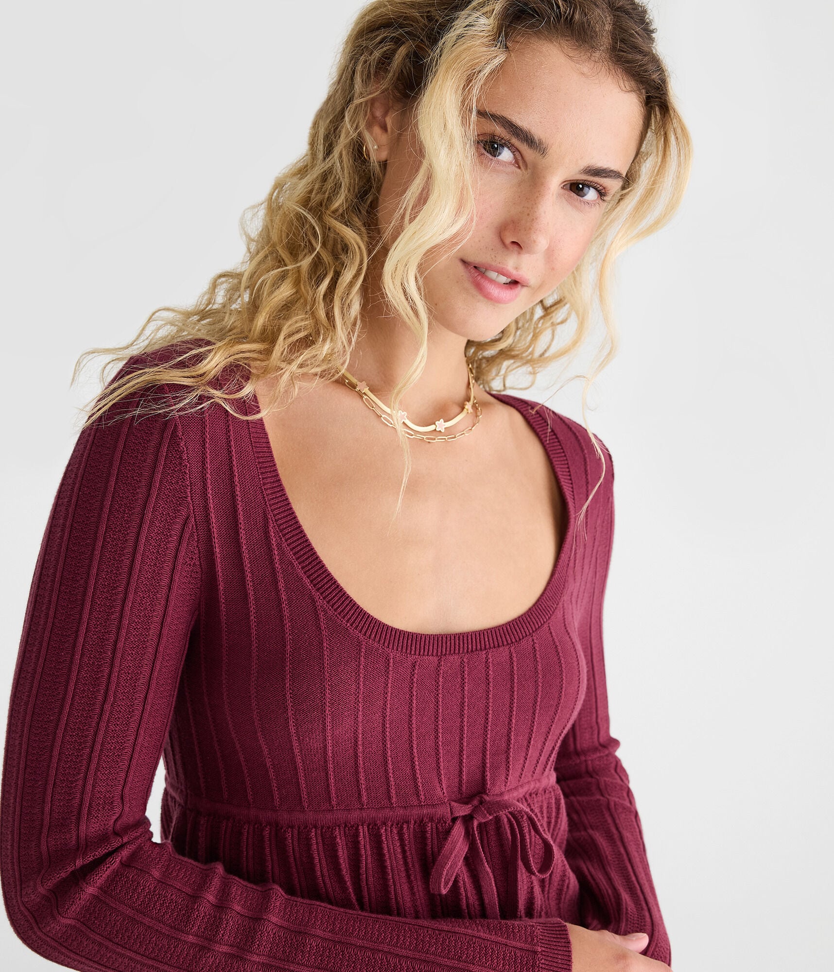 Textured Rib Scoop-Neck Babydoll Sweater
