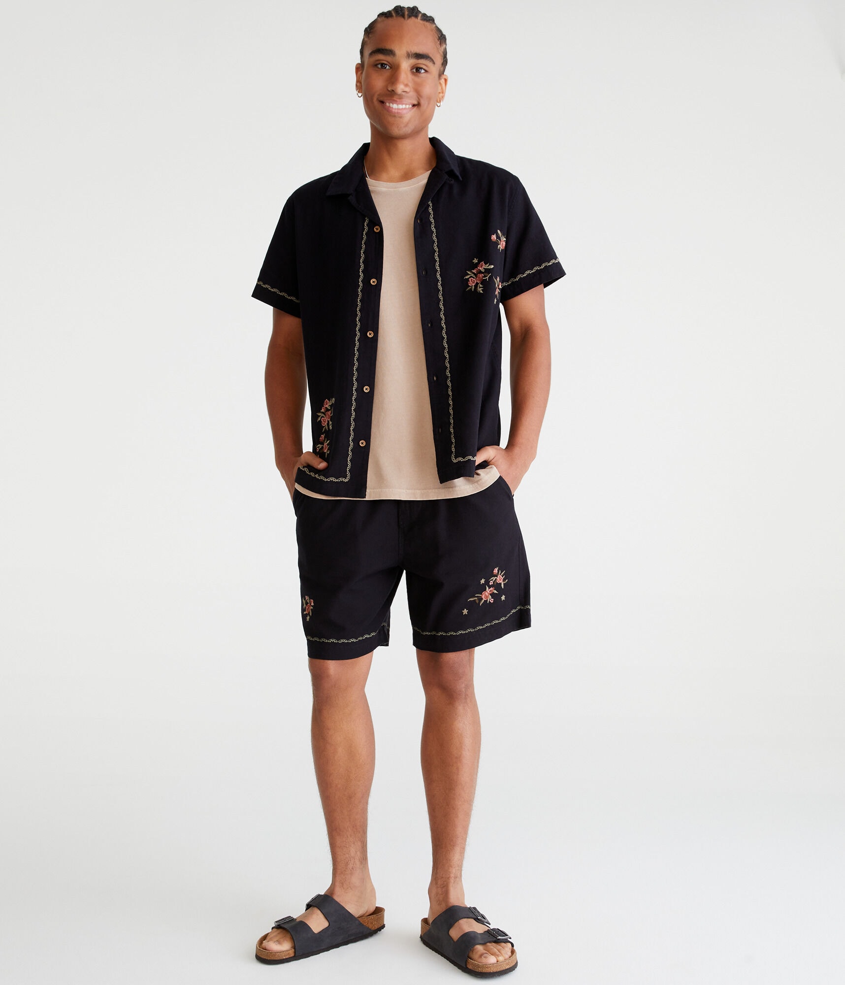 Short Sleeve Embroidered Floral Linen Shirt
