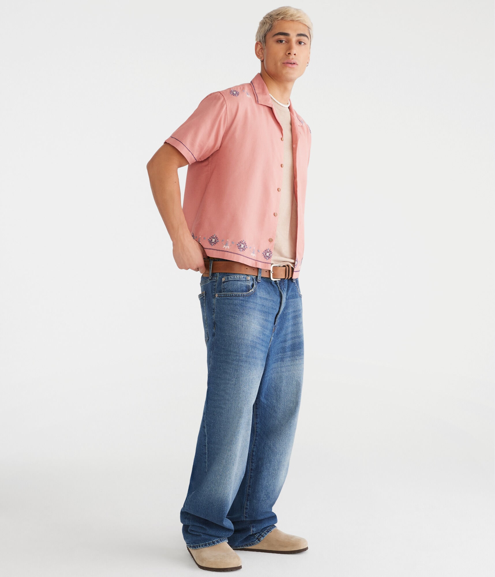 Floral Border Boxy Linen Camp Shirt
