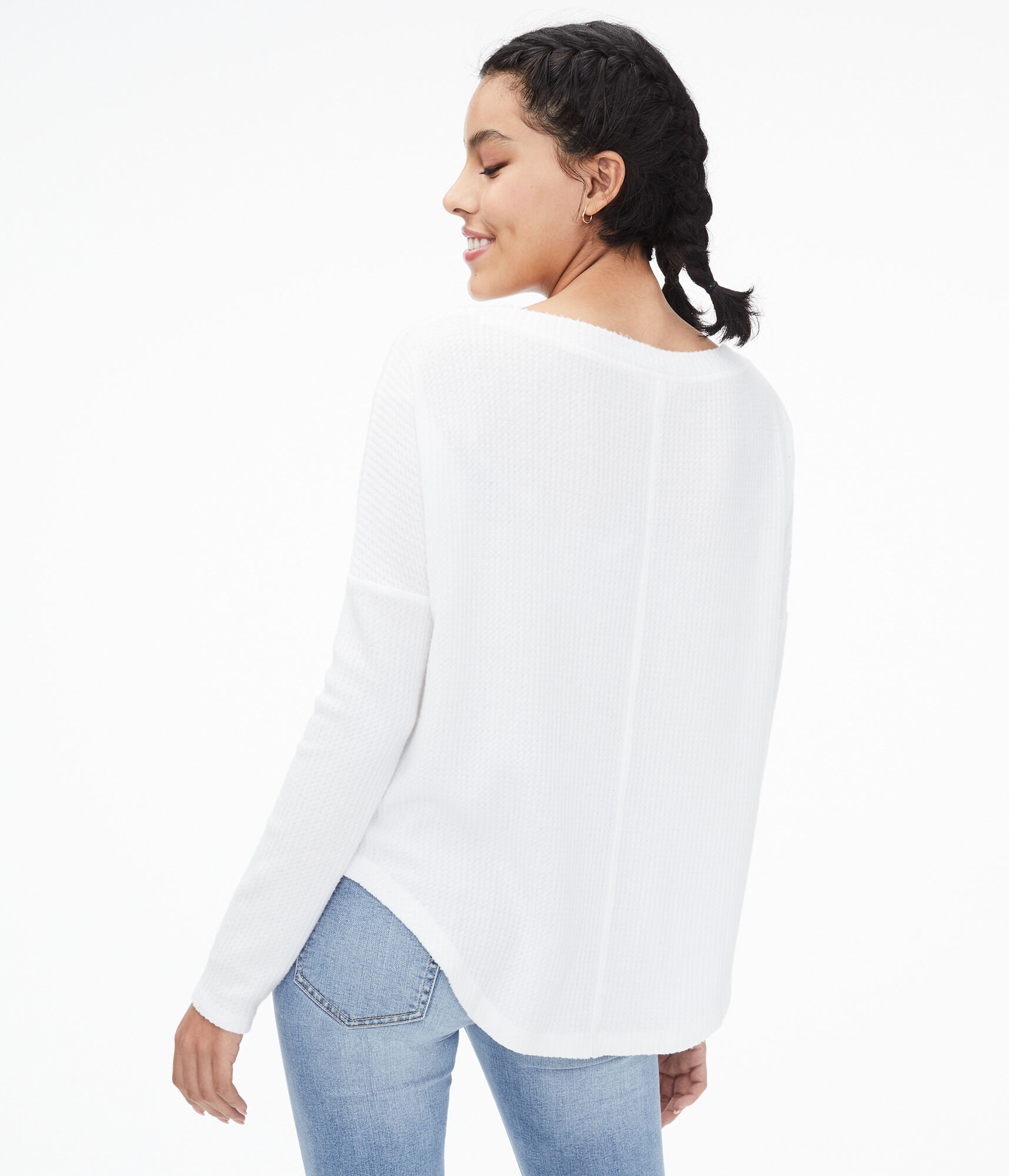 Long Sleeve Waffle-Knit Boat-Neck Top