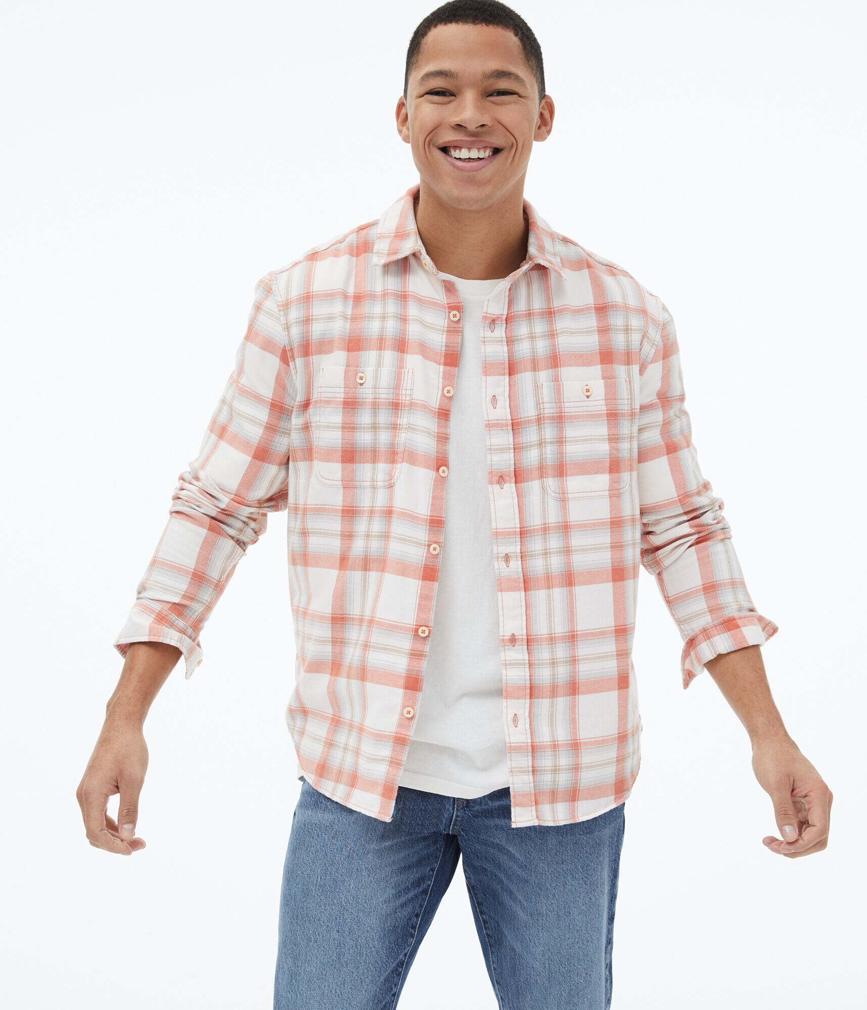 Long Sleeve Relaxed Plaid Flannel Button-Down Shirt
