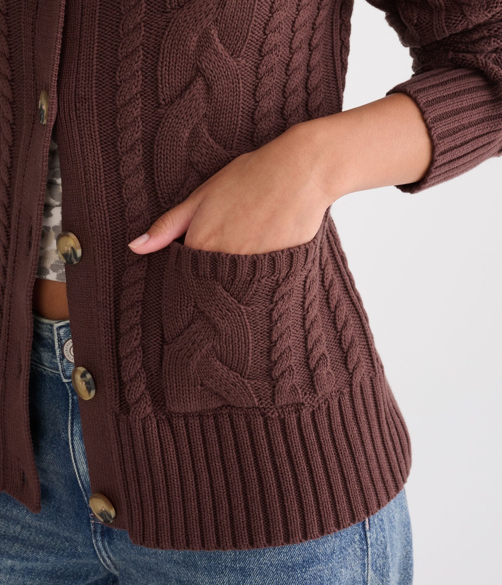Hooded Button-Front Cable Cardigan